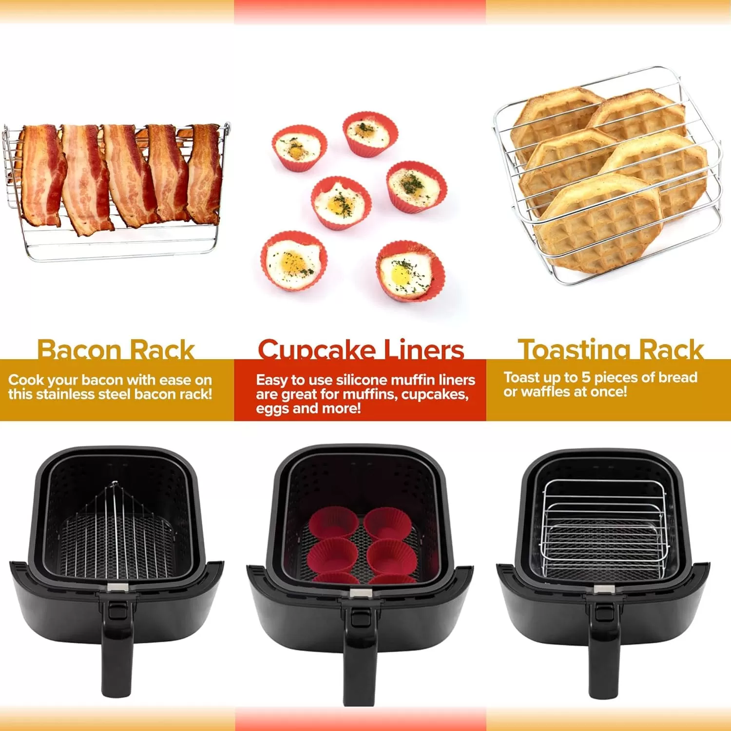 imageNUWAVE 6 QT Air Fryer Accessories 6 Silicone Egg Liners a Stainless Steel Toaster Rack and a Stainless Steel Bacon Rack Breakfast Kit