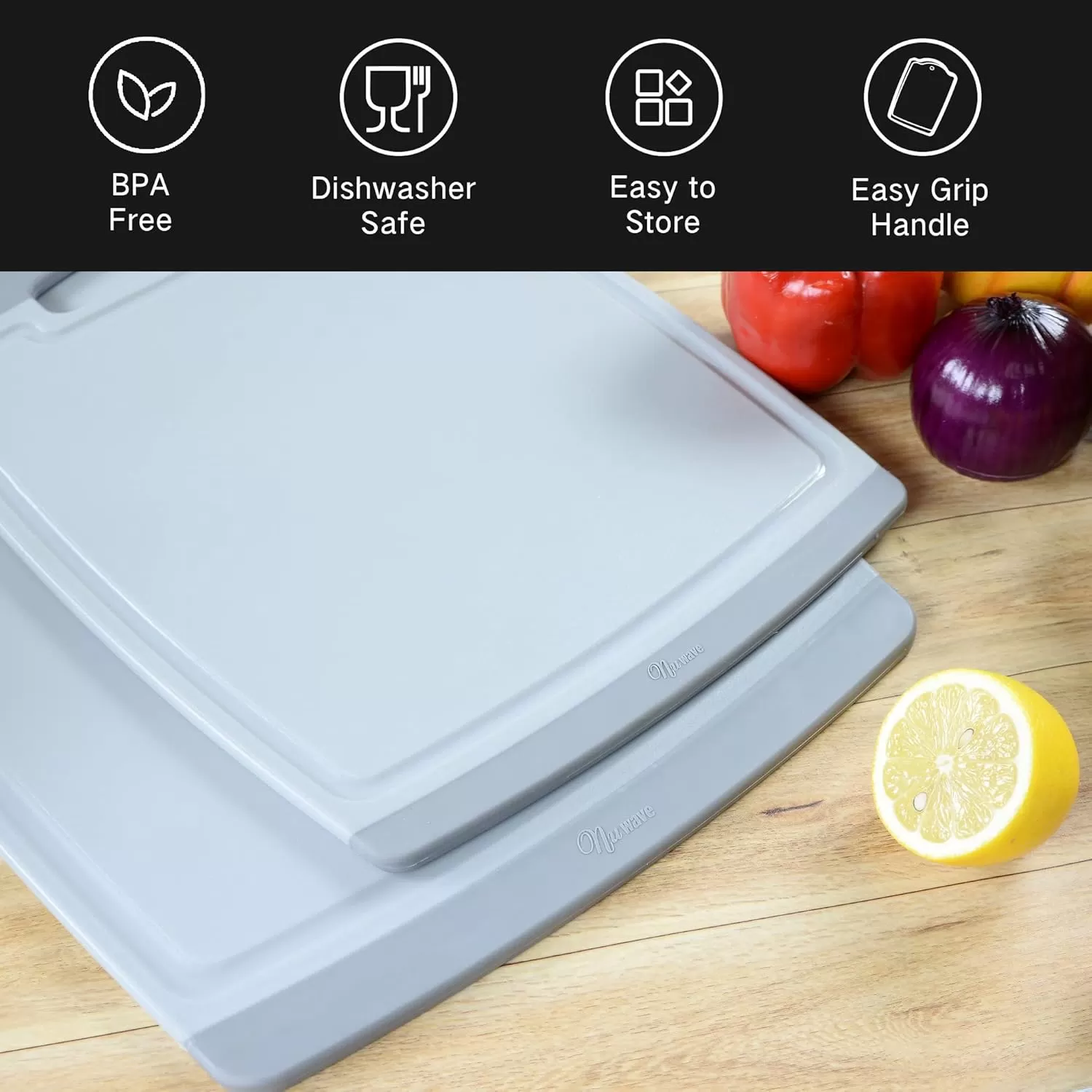 imageNuwave 2Piece Cutting Board Set Extra Large 18x12 Large 14x105 Lightweight ampamp Easy to Store Juice Well for No Drip Carving Easy Grip Handle NonPorous Surface BPA Free DishwasherSafe