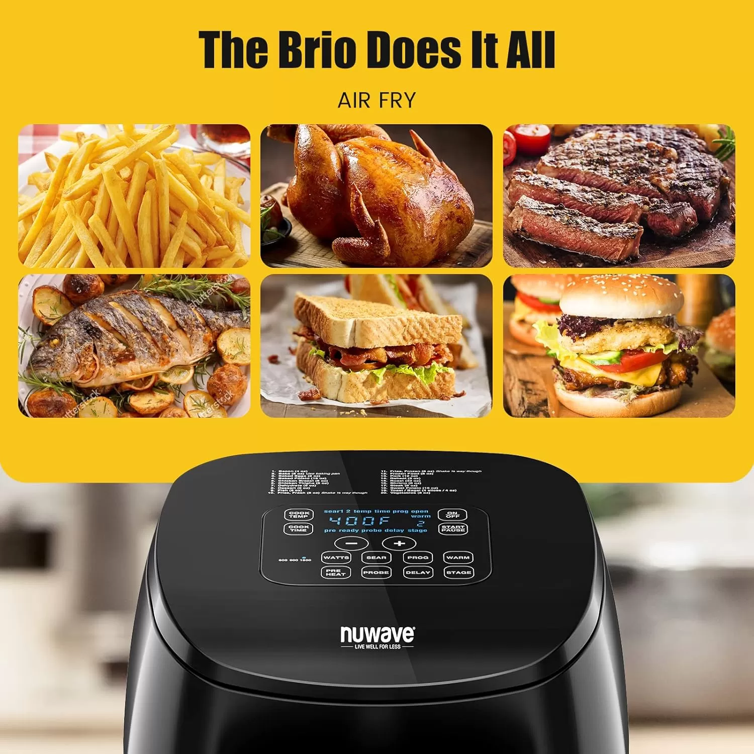 imageNuwave 6quart Brio Healthy Digital Air Fryer with OneTouch Digital Controls 6 Preset Menu Functions ampamp Removable Divider Insert Black45QT Air Fryer