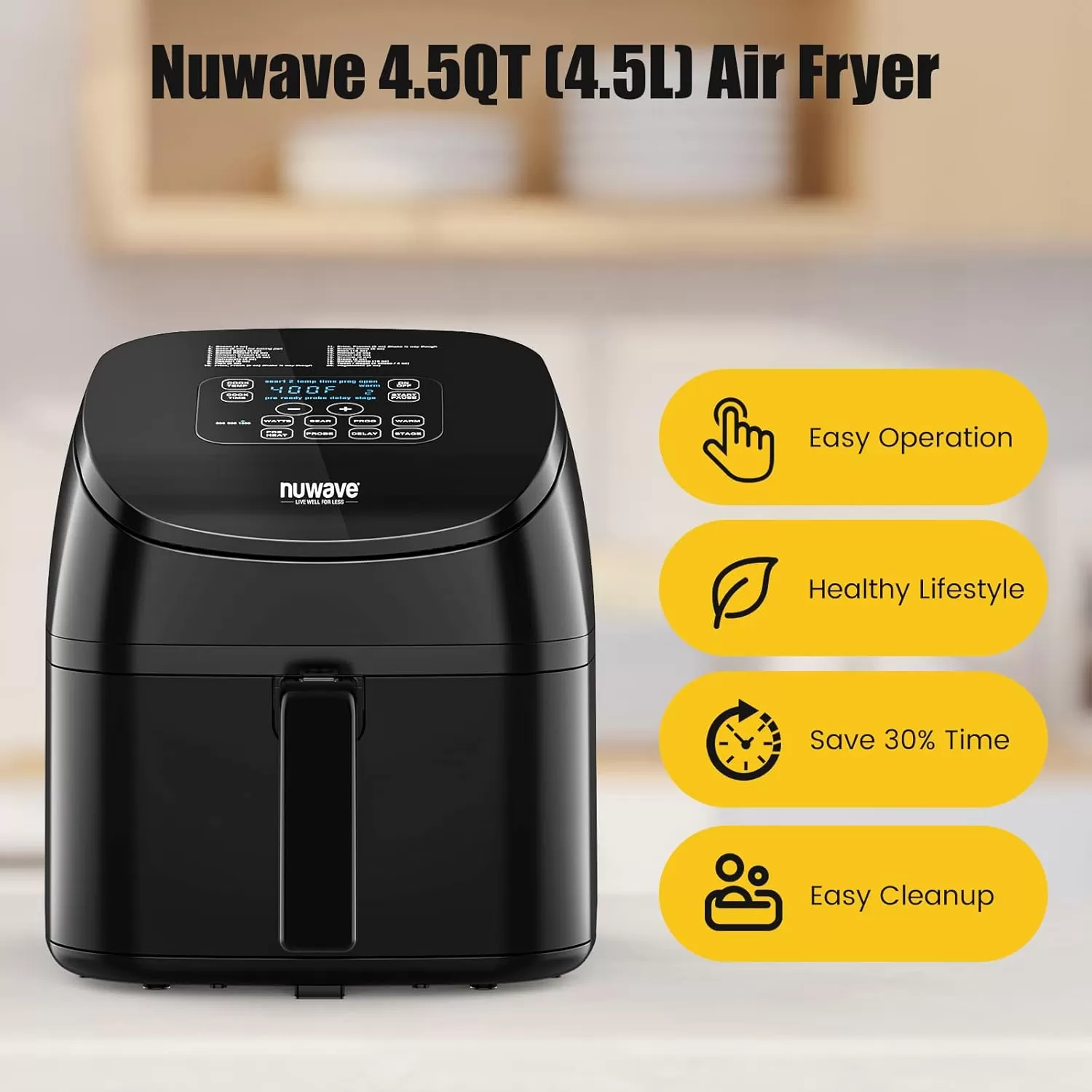imageNuwave 6quart Brio Healthy Digital Air Fryer with OneTouch Digital Controls 6 Preset Menu Functions ampamp Removable Divider Insert Black45QT Air Fryer