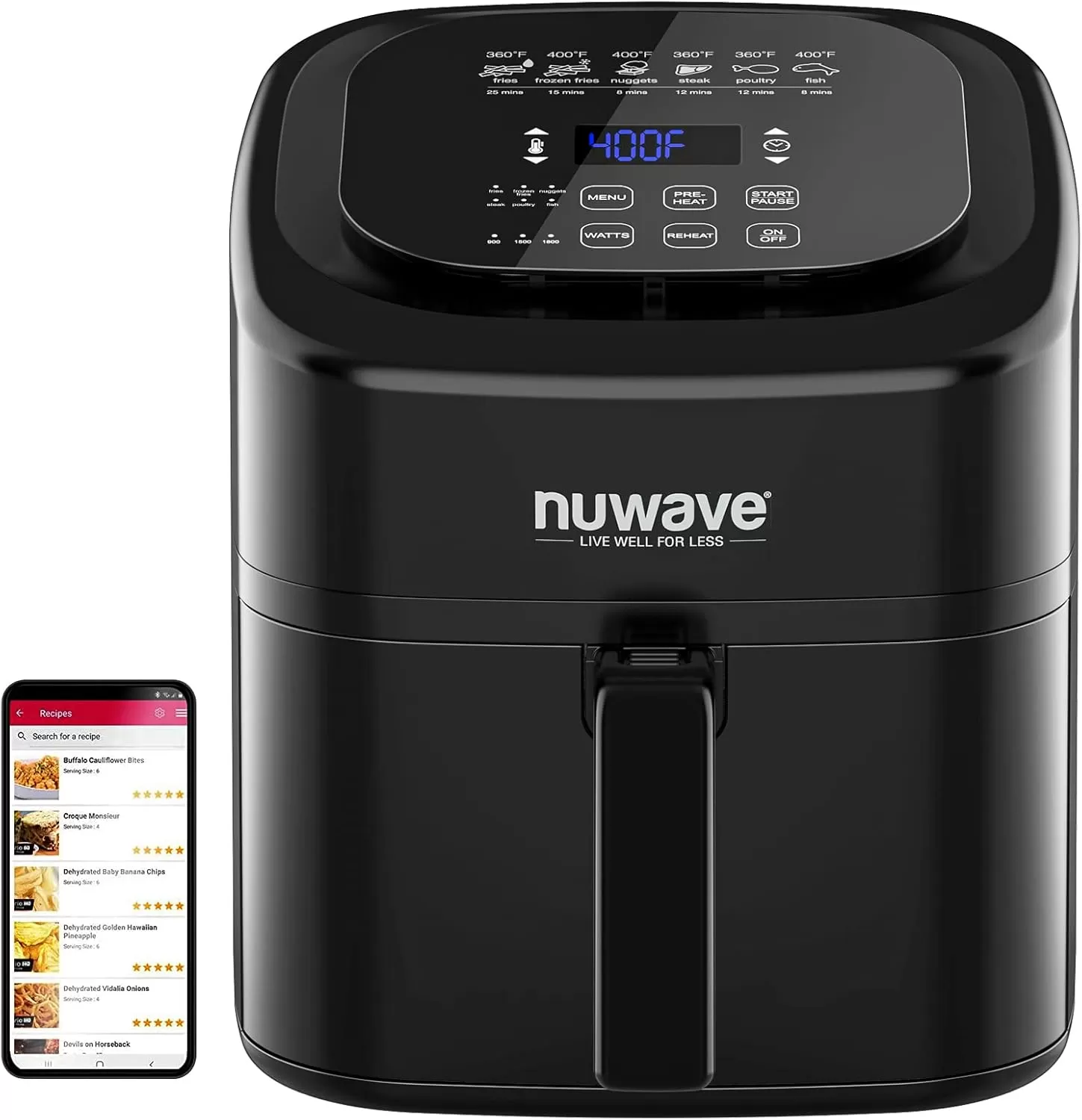 imageNuwave 6quart Brio Healthy Digital Air Fryer with OneTouch Digital Controls 6 Preset Menu Functions ampamp Removable Divider Insert Black6QT Air Fryer