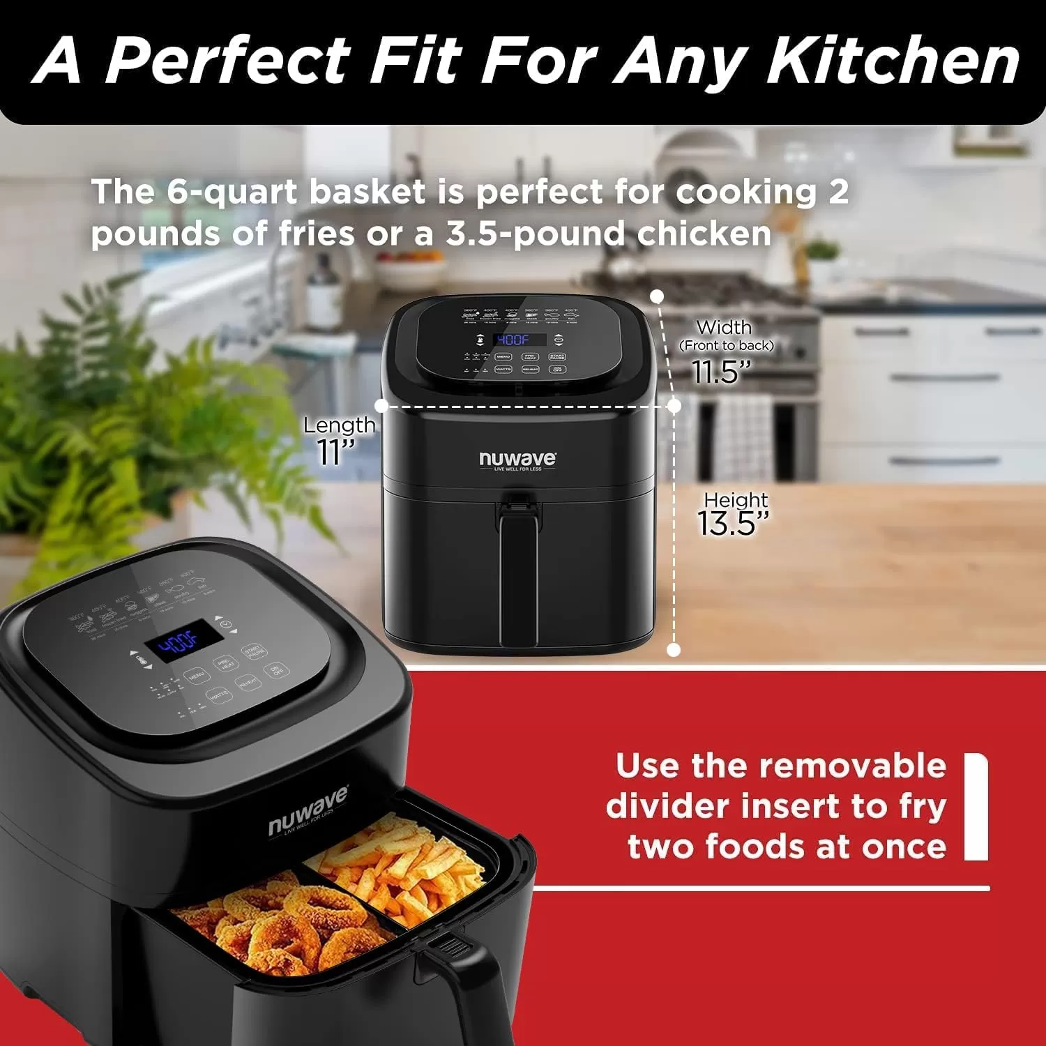 imageNuwave 6quart Brio Healthy Digital Air Fryer with OneTouch Digital Controls 6 Preset Menu Functions ampamp Removable Divider Insert Black6QT Air Fryer