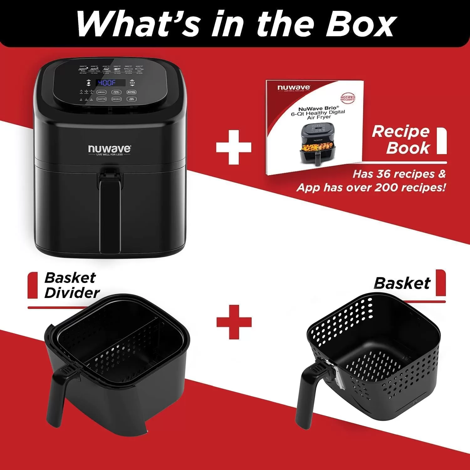 imageNuwave 6quart Brio Healthy Digital Air Fryer with OneTouch Digital Controls 6 Preset Menu Functions ampamp Removable Divider Insert Black6QT Air Fryer