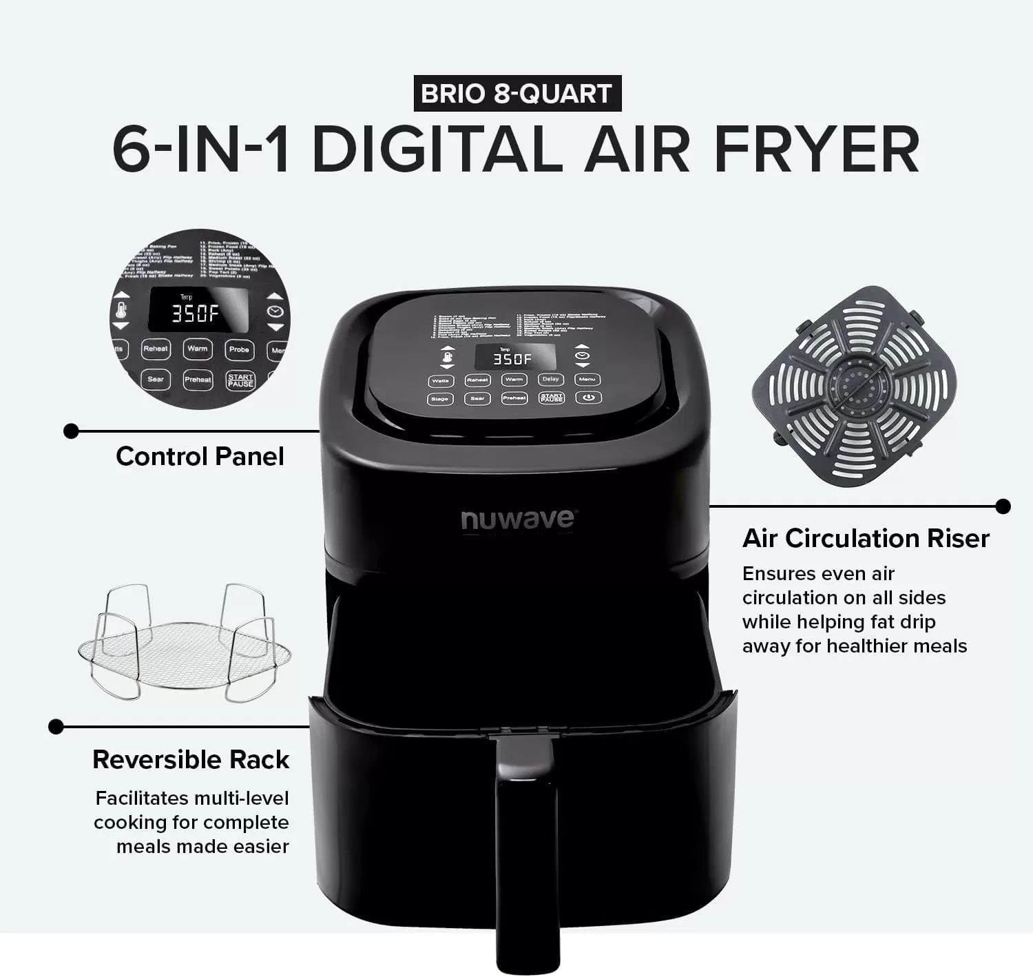 imageNuwave Brio 10in1 Air Fryer 6 QT Airfryer Capacity with Smart Probe Roast Grill Bake for Fast Meals OneTouch Digital Controls Powerful 1800W Fryer 100 Recipes Removable Divider ampamp Grill Pan8QT Brio Air Fryer