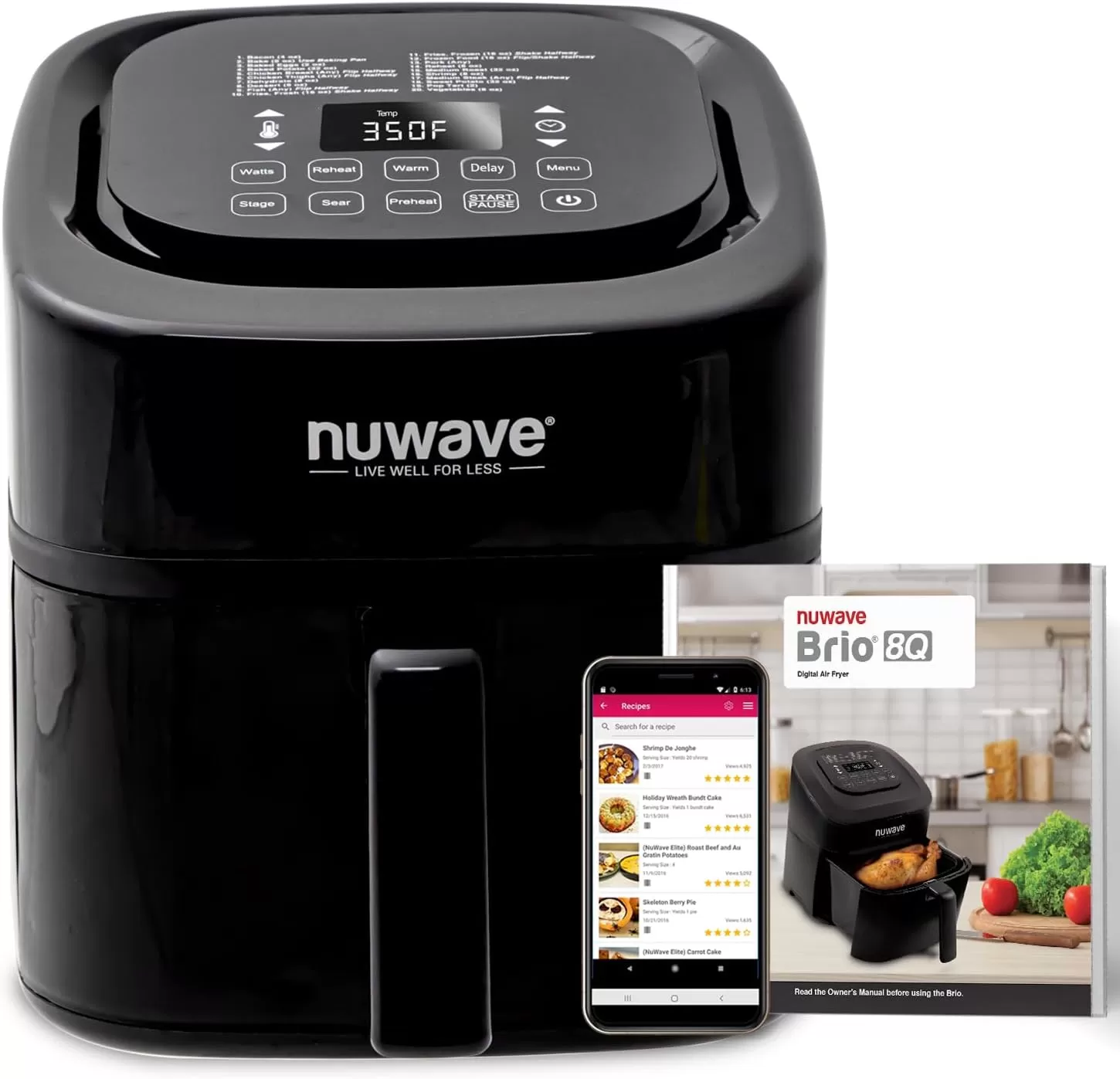 imageNuwave Brio 10in1 Air Fryer 6 QT Airfryer Capacity with Smart Probe Roast Grill Bake for Fast Meals OneTouch Digital Controls Powerful 1800W Fryer 100 Recipes Removable Divider ampamp Grill Pan8QT Brio Air Fryer