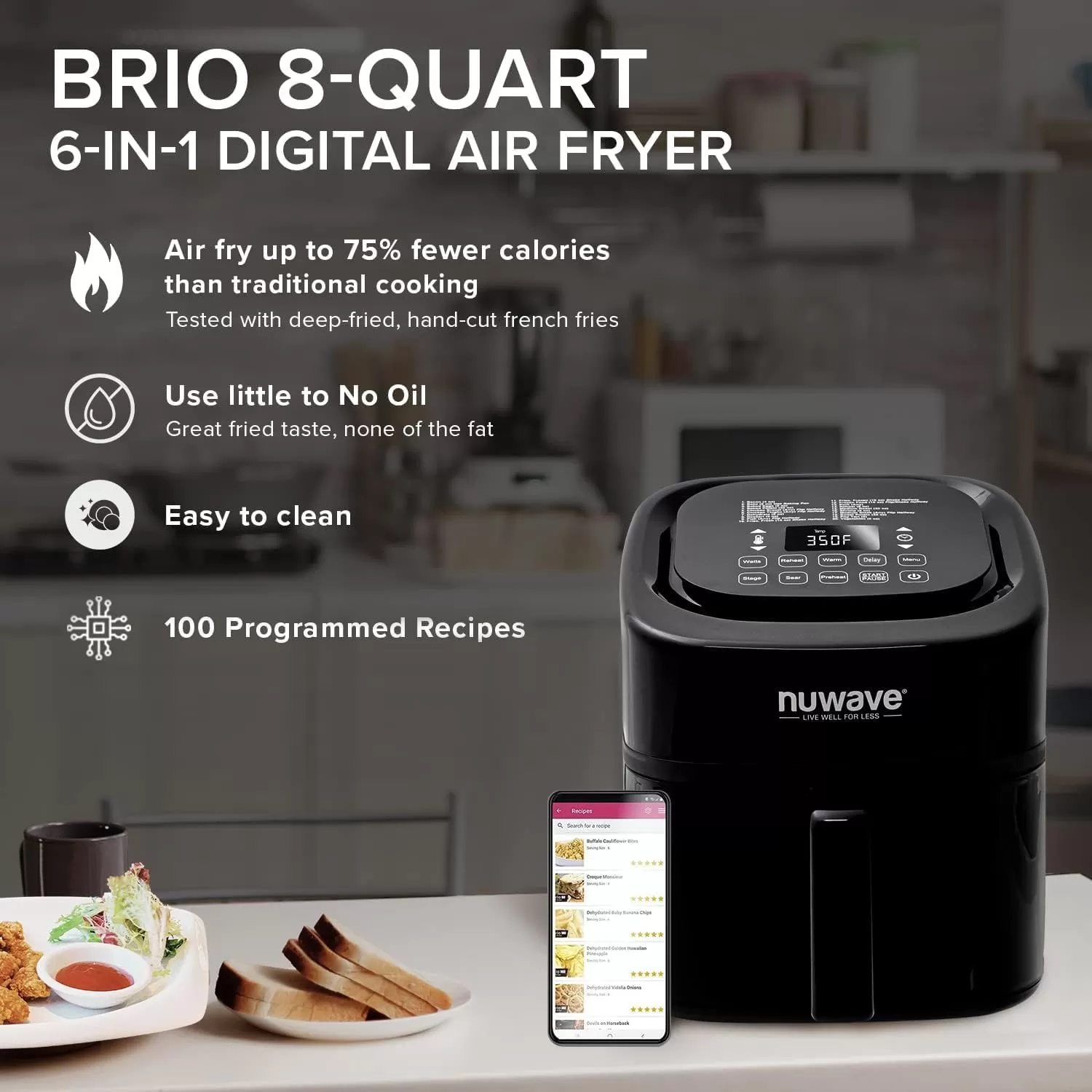 imageNuwave Brio 10in1 Air Fryer 6 QT Airfryer Capacity with Smart Probe Roast Grill Bake for Fast Meals OneTouch Digital Controls Powerful 1800W Fryer 100 Recipes Removable Divider ampamp Grill Pan8QT Brio Air Fryer