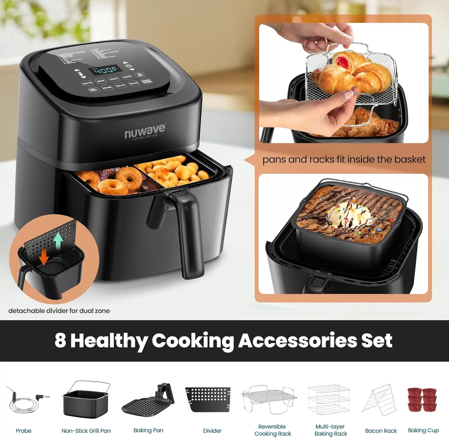 imageNuwave Brio 10in1 Air Fryer 6 QT Airfryer Capacity with Smart Probe Roast Grill Bake for Fast Meals OneTouch Digital Controls Powerful 1800W Fryer 100 Recipes Removable Divider ampamp Grill Pan6QT Brio Air Fryer wProbe