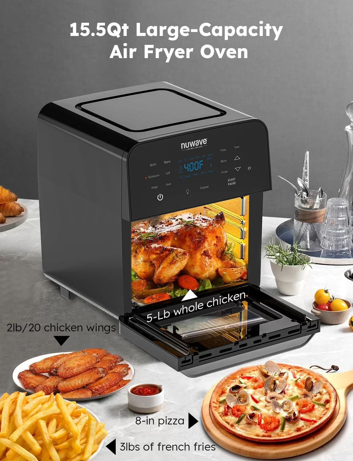 imageNuwave Brio 155Qt Air Fryer Rotisserie Oven XLarge Family Size Powerful 1800W 4 Rack Positions 50425F Temp Controls 100 Presets ampamp 50 Memory Integrated Smart Thermometer Linear T Technology