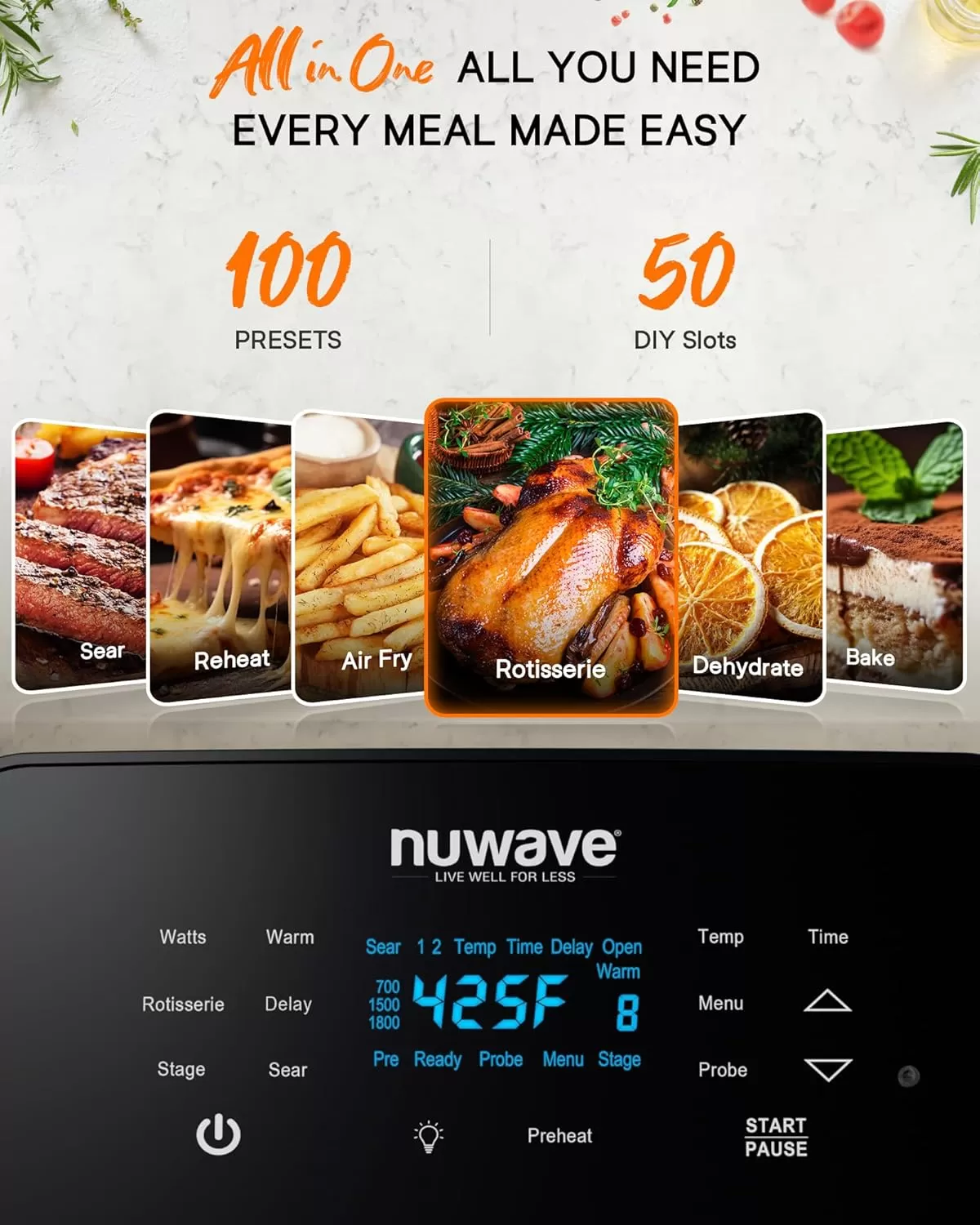 imageNuwave Brio 155Qt Air Fryer Rotisserie Oven XLarge Family Size Powerful 1800W 4 Rack Positions 50425F Temp Controls 100 Presets ampamp 50 Memory Integrated Smart Thermometer Linear T Technology