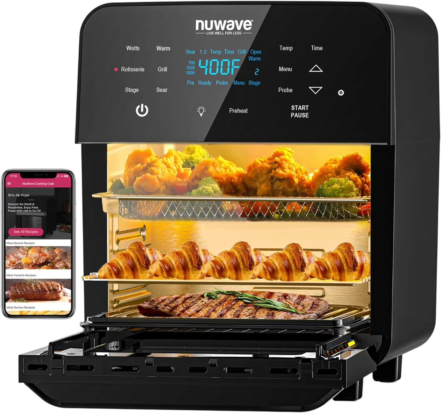 imageNuwave Brio 155Qt Air Fryer Rotisserie Oven XLarge Family Size Powerful 1800W 4 Rack Positions 50425F Temp Controls 100 Presets ampamp 50 Memory Integrated Smart Thermometer Linear T Technology