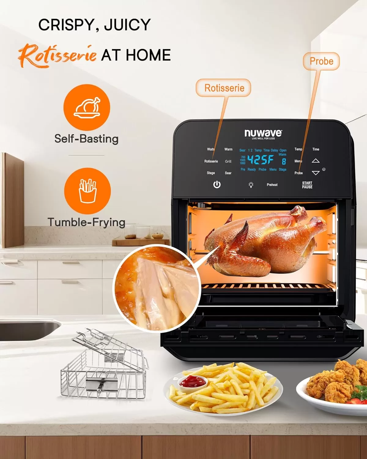 imageNuwave Brio 155Qt Air Fryer Rotisserie Oven XLarge Family Size Powerful 1800W 4 Rack Positions 50425F Temp Controls 100 Presets ampamp 50 Memory Integrated Smart Thermometer Linear T Technology