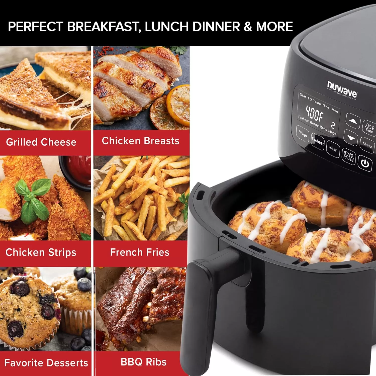 imageNuwave Brio 26Qt Air Fryer Touch Screen Digital Controls ampamp Easy to Read Display 50F400F Temperature Controls in 5 Increments Linear Thermal Linear T Technology BuiltIn Safety Features