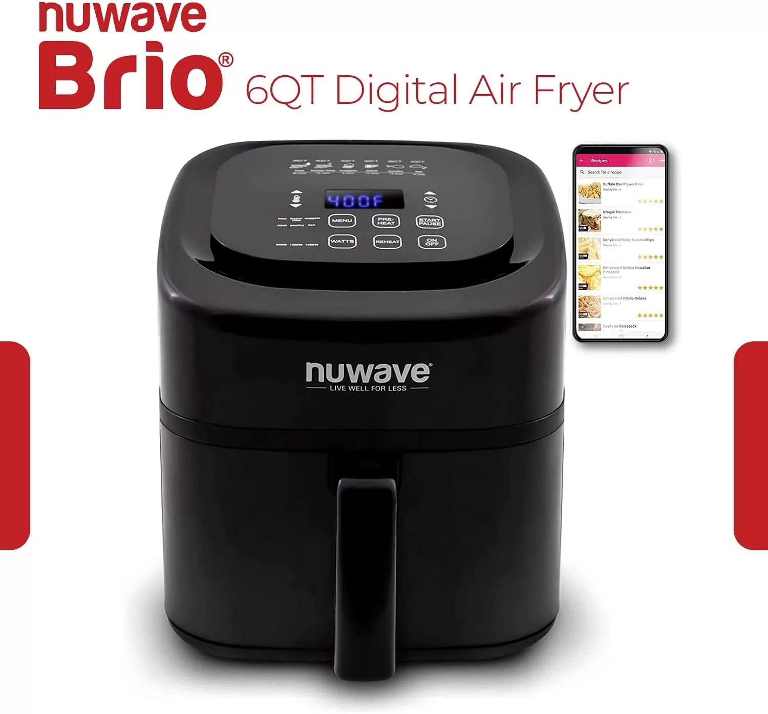 imageNuwave Brio 6Quart Digital Air Fryer Including NonStick Baking Pan and StainlessSteel Cooking Rack 6Quart  Gourmet Kit Black