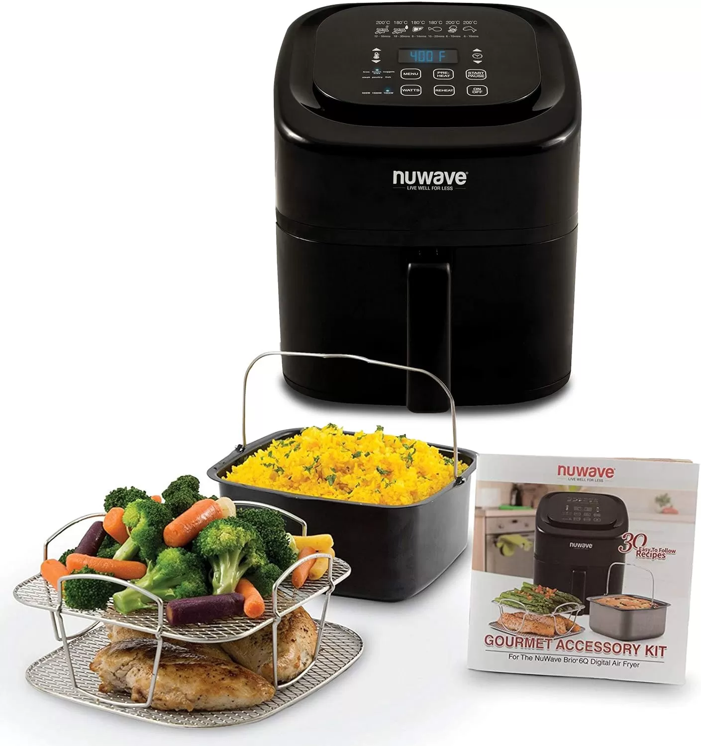 imageNuwave Brio 6Quart Digital Air Fryer Including NonStick Baking Pan and StainlessSteel Cooking Rack 6Quart  Gourmet Kit Black