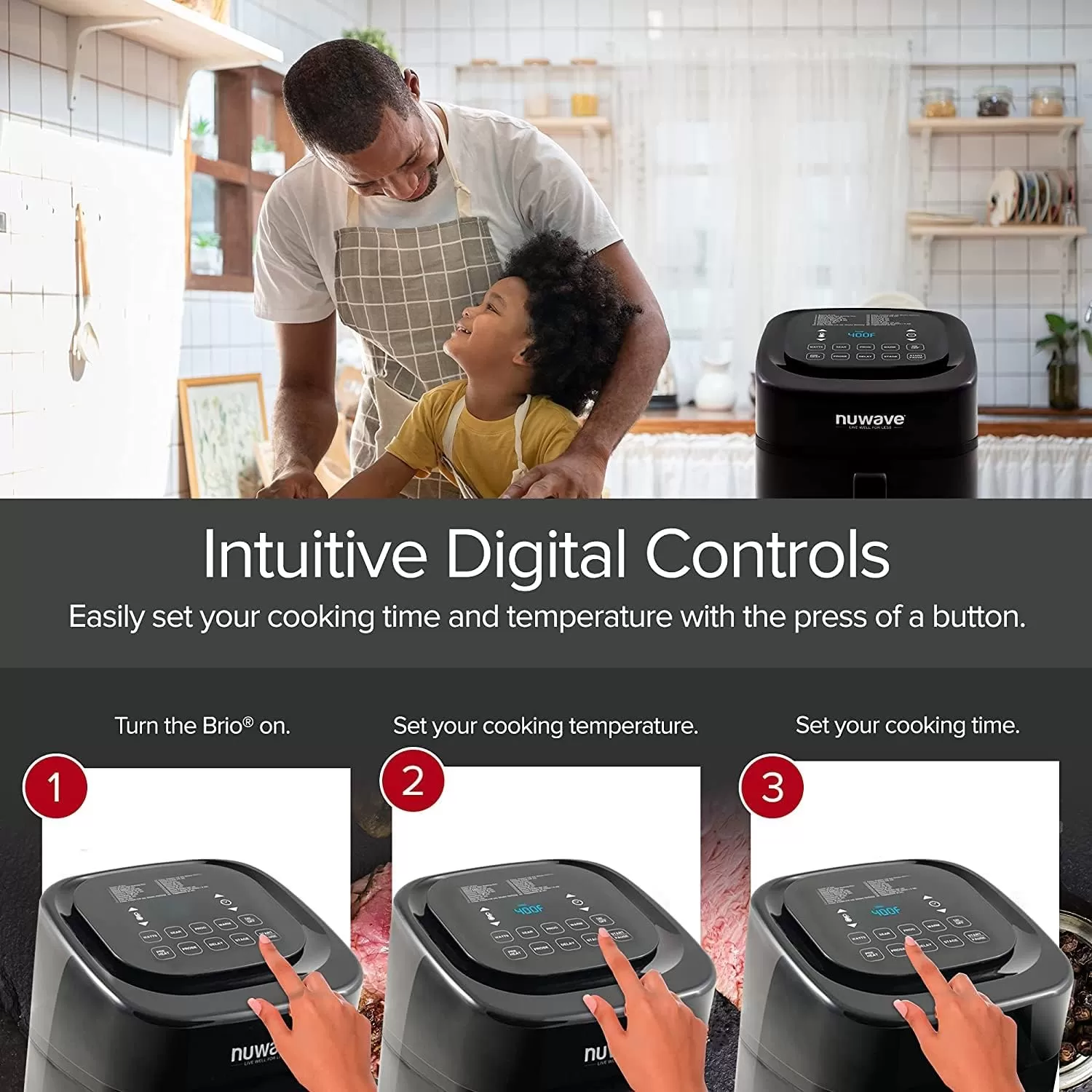 imageNuwave Brio 6Quart Healthy Digital Smart Air Fryer with Probe OneTouch Digital Controls Advanced Cooking Functions Removable Divider Insert ampamp Grill Pan NEW ACCESSORYBlack