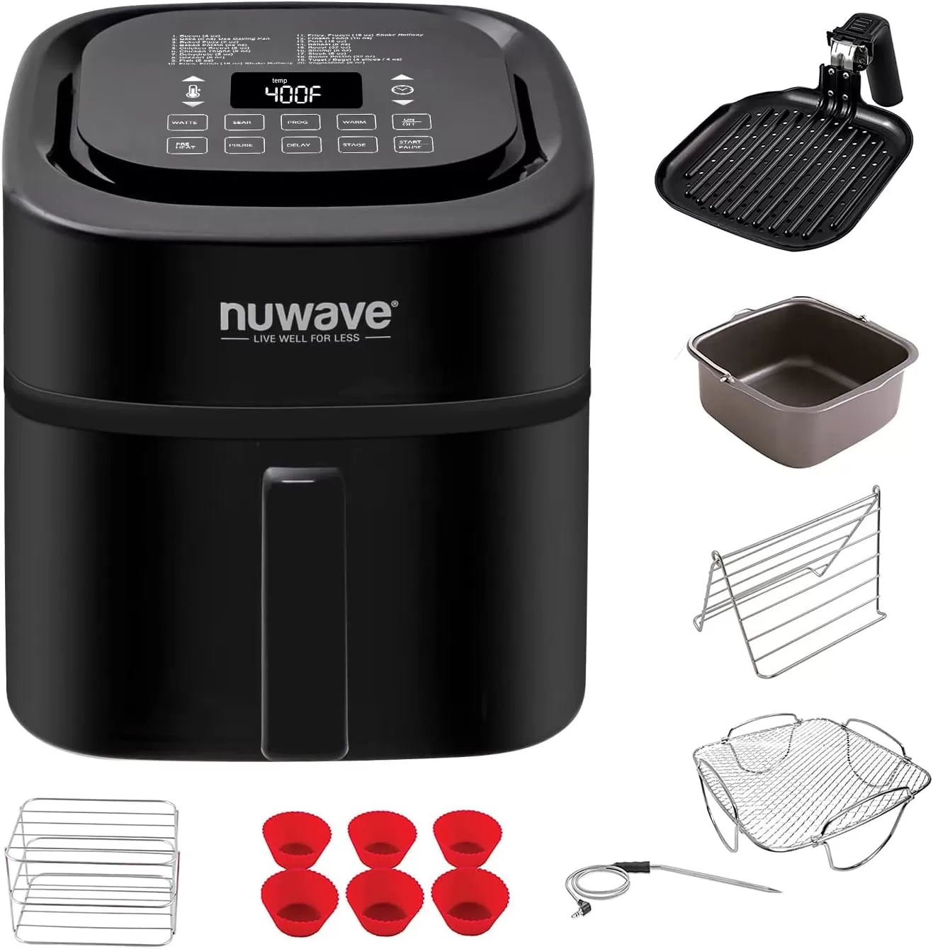imageNuwave Brio 6Quart Healthy Digital Smart Air Fryer with Probe OneTouch Digital Controls Advanced Cooking Functions Removable Divider Insert ampamp Grill Pan NEW ACCESSORYBlack