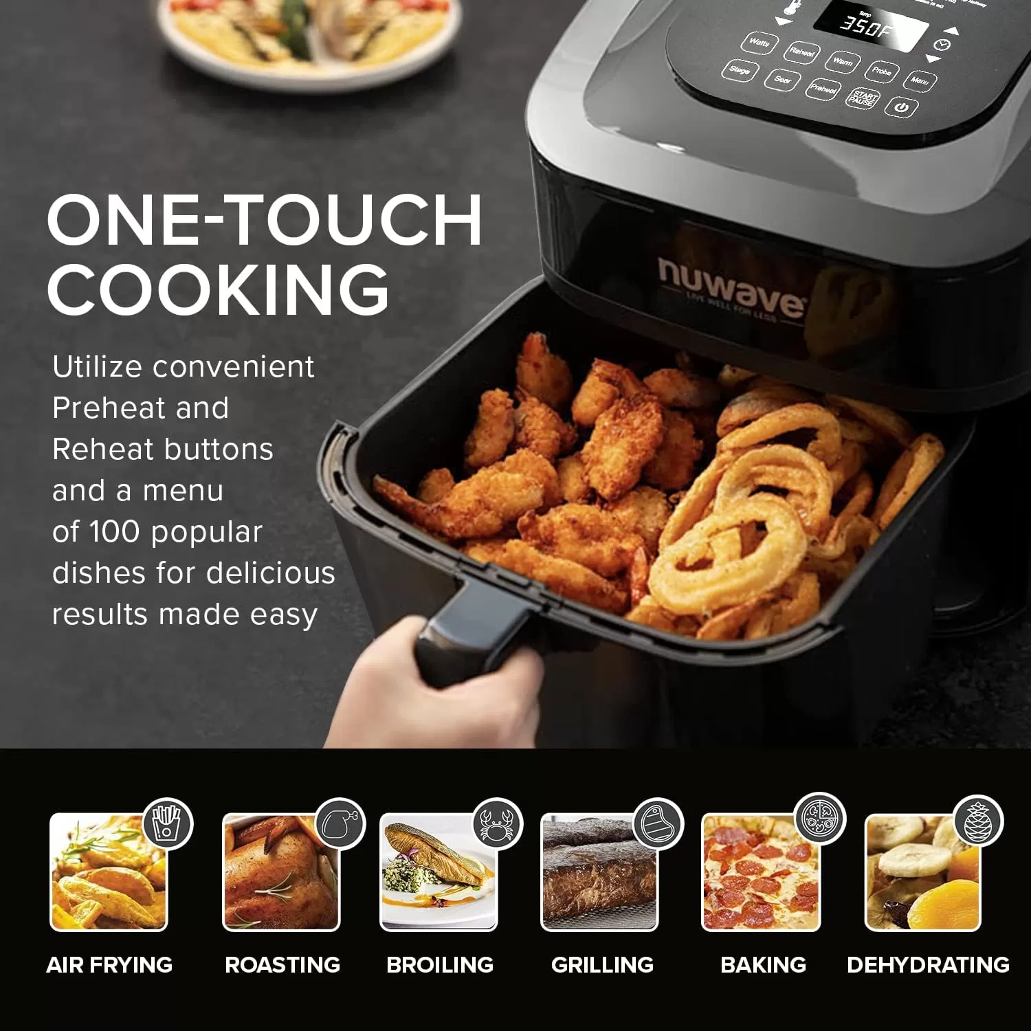 imageNuwave Brio 8Qt Air Fryer Powerful 1800W EasytoRead Cool White Display 50400F Temp Controls 100 PreProgrammed Presets ampamp 50 Memory Slots Integrated Smart Thermometer Linear T TechnologyClassic Black