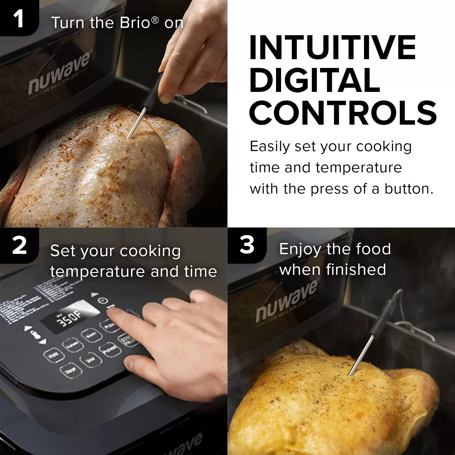 imageNuwave Brio 8Qt Air Fryer Powerful 1800W EasytoRead Cool White Display 50400F Temp Controls 100 PreProgrammed Presets ampamp 50 Memory Slots Integrated Smart Thermometer Linear T TechnologyClassic Black