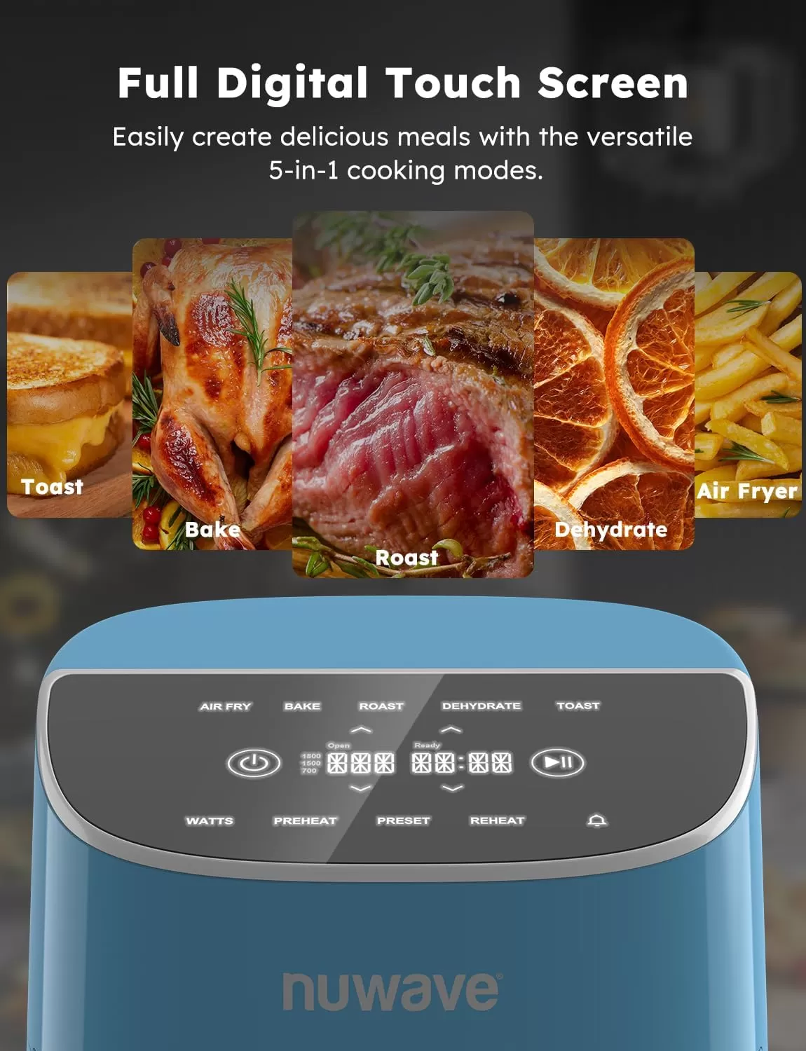 imageNuwave Brio 8Qt Air Fryer Powerful 1800W EasytoRead Cool White Display 50400F Temp Controls 100 PreProgrammed Presets ampamp 50 Memory Slots Integrated Smart Thermometer Linear T TechnologyCozy Blue