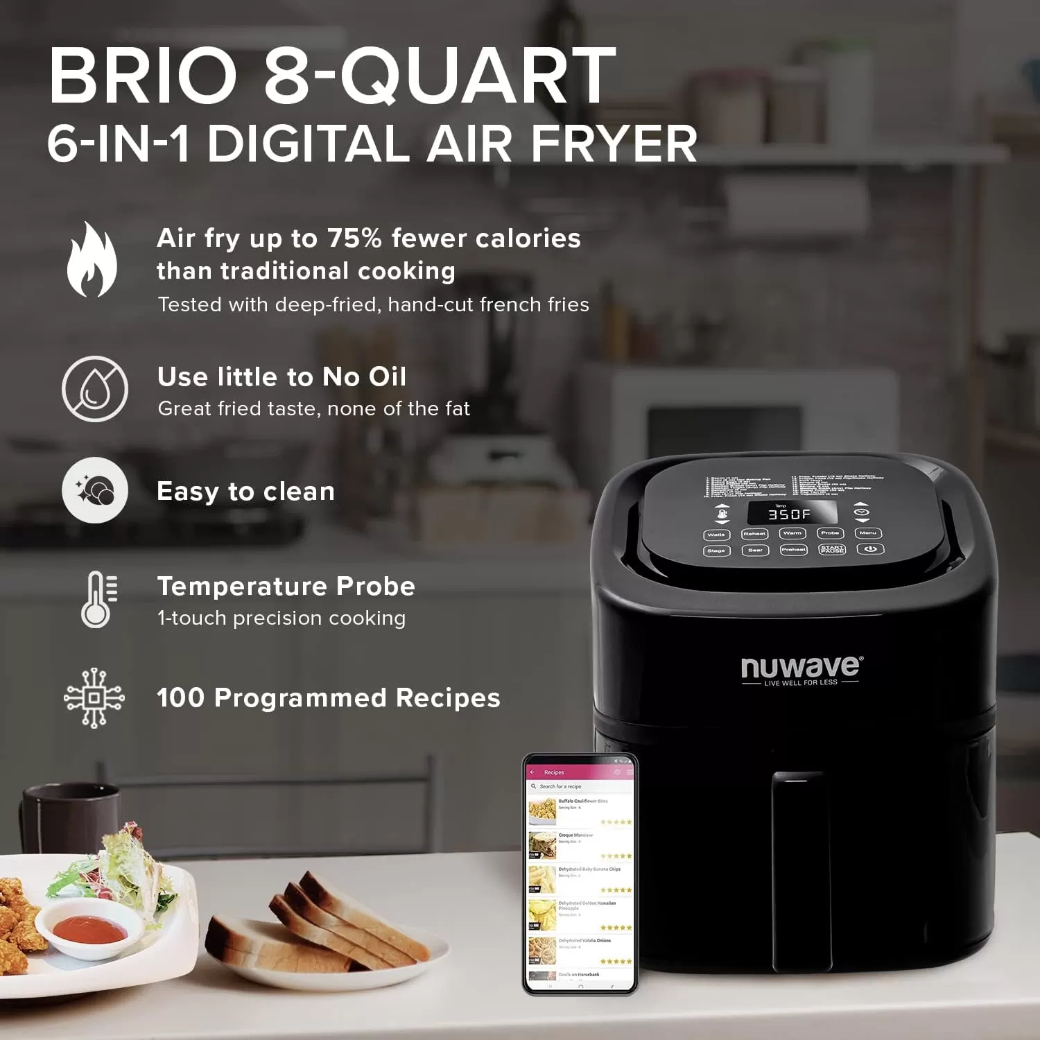 imageNuwave Brio 8Qt Air Fryer Powerful 1800W EasytoRead Cool White Display 50400F Temp Controls 100 PreProgrammed Presets ampamp 50 Memory Slots Integrated Smart Thermometer Linear T TechnologyClassic Black