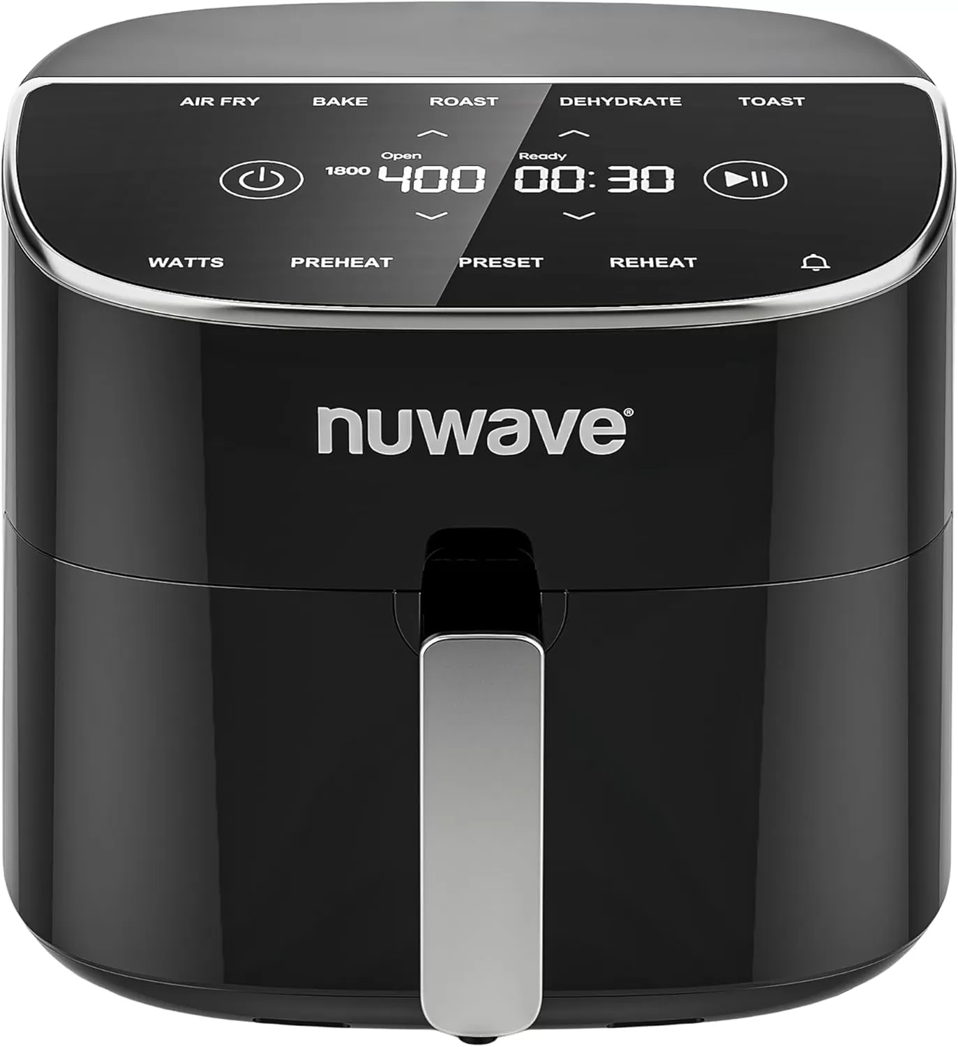 imageNuwave Brio 8Qt Air Fryer Powerful 1800W EasytoRead Cool White Display 50400F Temp Controls 100 PreProgrammed Presets ampamp 50 Memory Slots Integrated Smart Thermometer Linear T TechnologyBlack