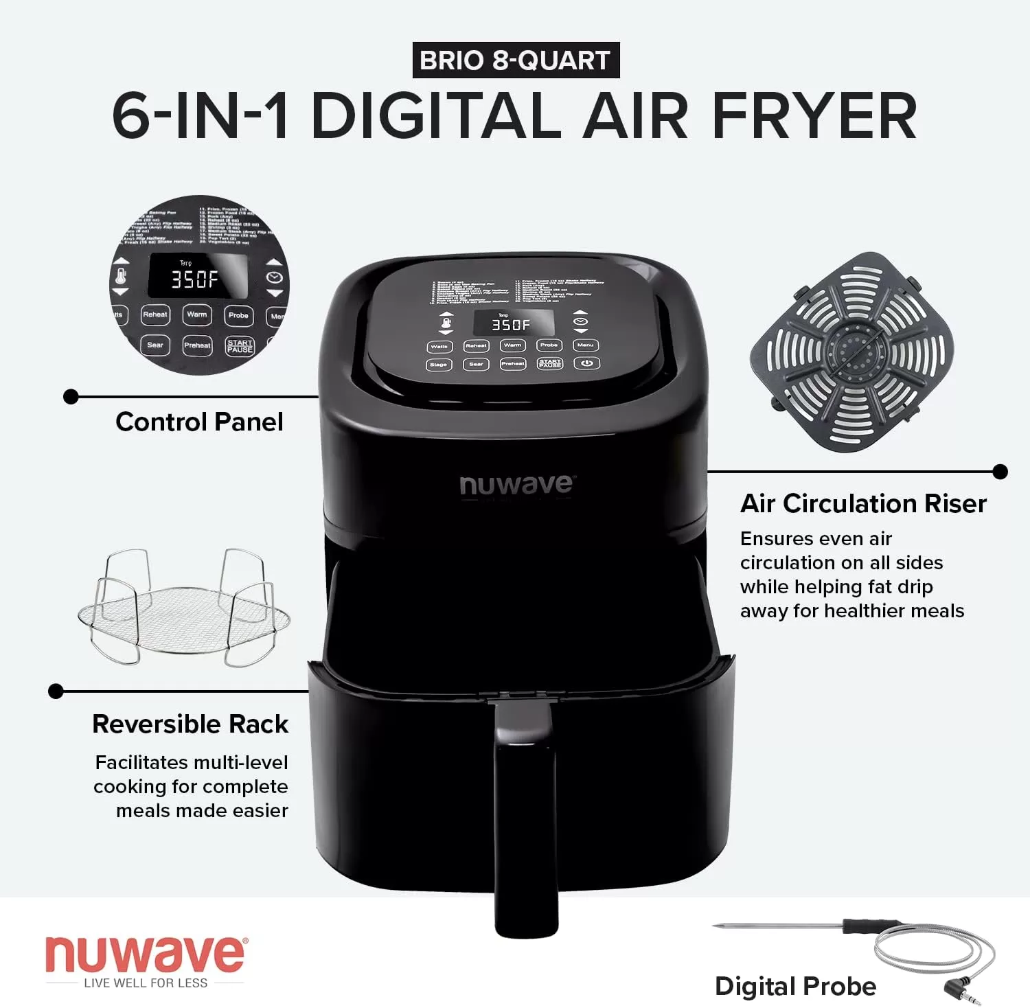 imageNuwave Brio 8Qt Air Fryer Powerful 1800W EasytoRead Cool White Display 50400F Temp Controls 100 PreProgrammed Presets ampamp 50 Memory Slots Integrated Smart Thermometer Linear T TechnologyClassic Black