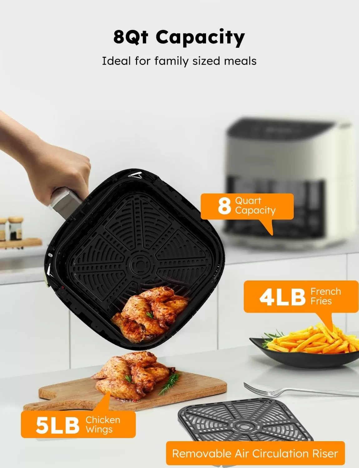 imageNuwave Brio 8Qt Air Fryer Powerful 1800W EasytoRead Cool White Display 50400F Temp Controls 100 PreProgrammed Presets ampamp 50 Memory Slots Integrated Smart Thermometer Linear T TechnologyVanilla Cream