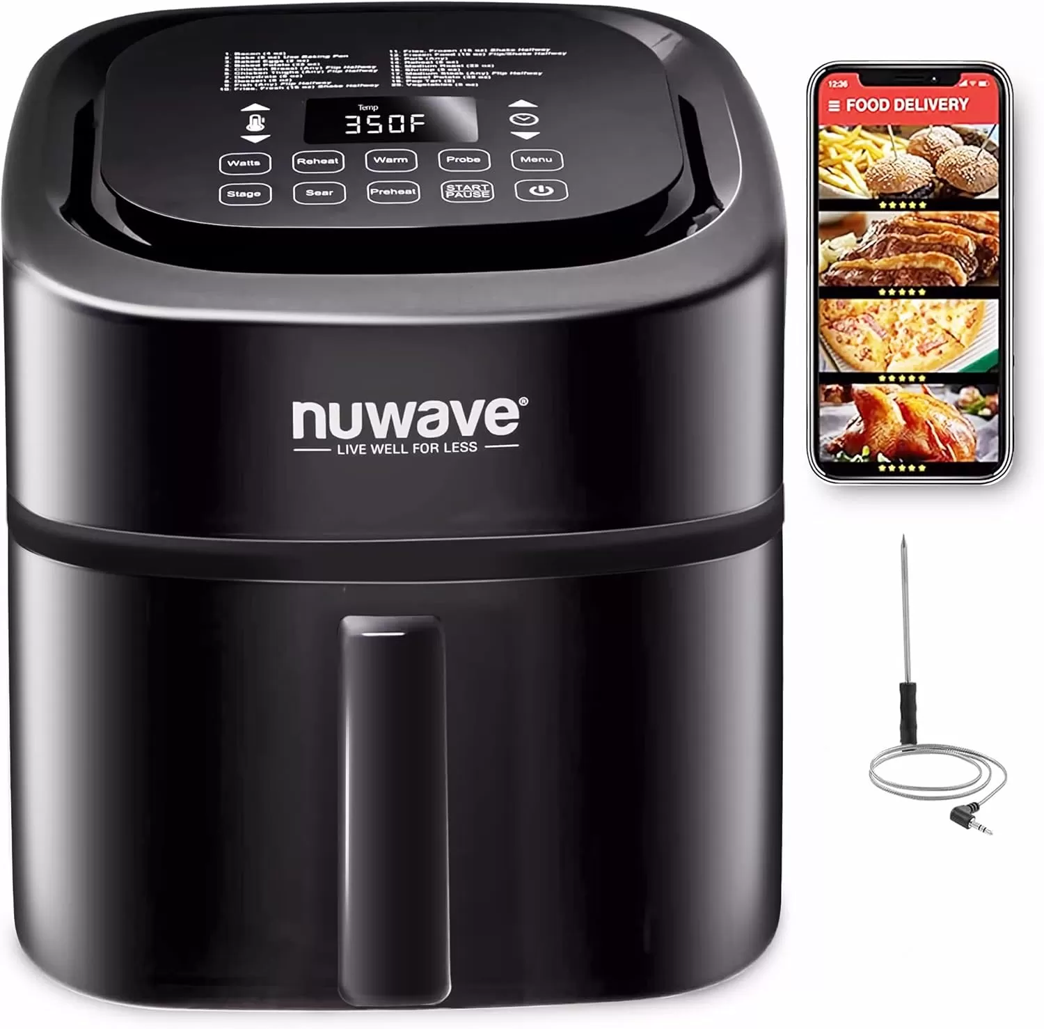 imageNuwave Brio 8Qt Air Fryer Powerful 1800W EasytoRead Cool White Display 50400F Temp Controls 100 PreProgrammed Presets ampamp 50 Memory Slots Integrated Smart Thermometer Linear T TechnologyClassic Black