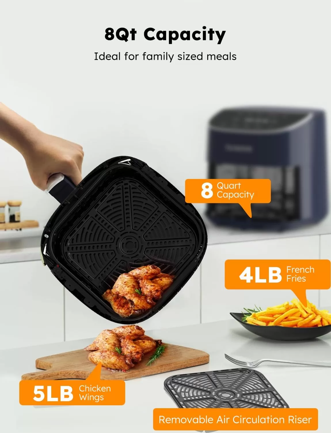 imageNuwave Brio 8Qt Air Fryer Powerful 1800W EasytoRead Cool White Display 50400F Temp Controls 100 PreProgrammed Presets ampamp 50 Memory Slots Integrated Smart Thermometer Linear T TechnologyDeep Blue