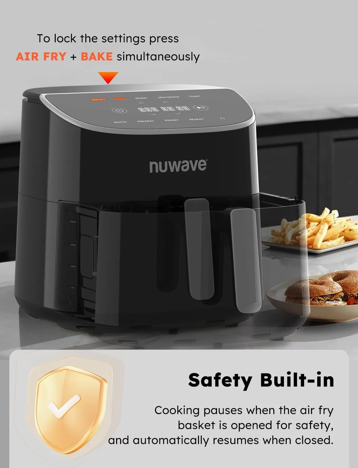imageNuwave Brio 8Qt Air Fryer Powerful 1800W EasytoRead Cool White Display 50400F Temp Controls 100 PreProgrammed Presets ampamp 50 Memory Slots Integrated Smart Thermometer Linear T TechnologyBlack