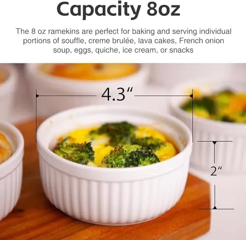 imageNuwave Ceramic Ramekins 8 oz Set of 6 Elegant Classic Style for Baking Souffles Creme Brules Custards Puddings 43 Wide ampamp 2 Tall Microwave Oven ampamp DishwasherSafe Ivory White 66pc Ceramic Ramekins