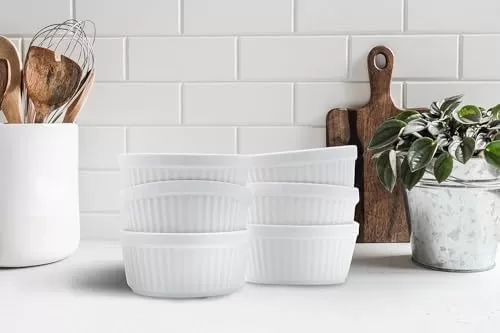 imageNuwave Ceramic Ramekins 8 oz Set of 6 Elegant Classic Style for Baking Souffles Creme Brules Custards Puddings 43 Wide ampamp 2 Tall Microwave Oven ampamp DishwasherSafe Ivory White 66pc Ceramic Ramekins