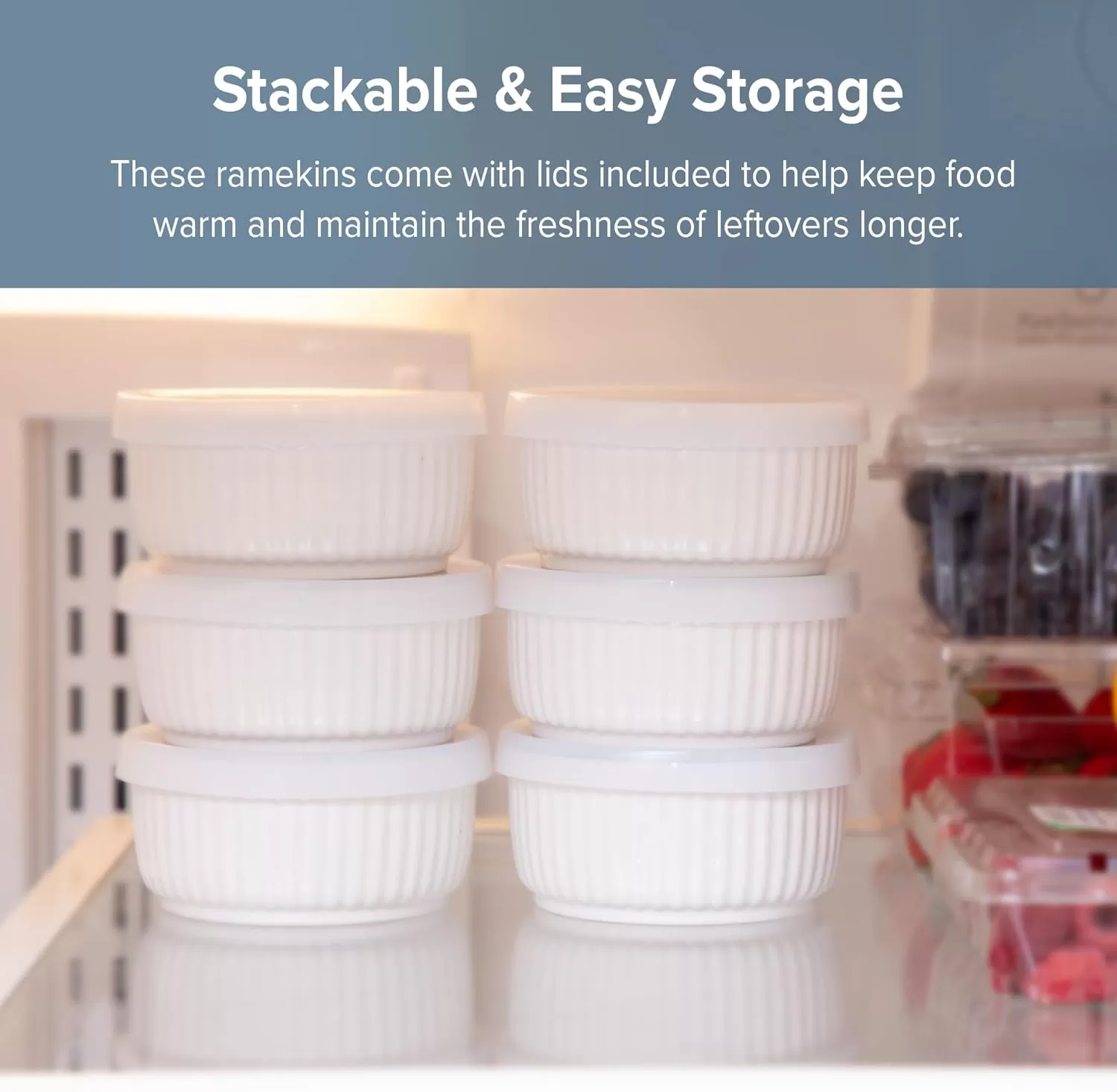 imageNuwave Ceramic Ramekins 8 oz Set of 6 Elegant Classic Style for Baking Souffles Creme Brules Custards Puddings 43 Wide ampamp 2 Tall Microwave Oven ampamp DishwasherSafe Ivory White 66pc Ceramic Ramekins with Lids