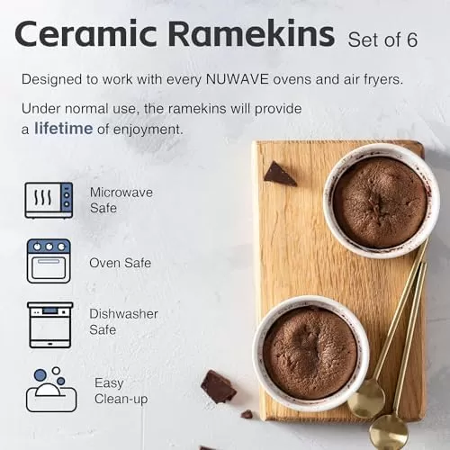 imageNuwave Ceramic Ramekins 8 oz Set of 6 Elegant Classic Style for Baking Souffles Creme Brules Custards Puddings 43 Wide ampamp 2 Tall Microwave Oven ampamp DishwasherSafe Ivory White 66pc Ceramic Ramekins