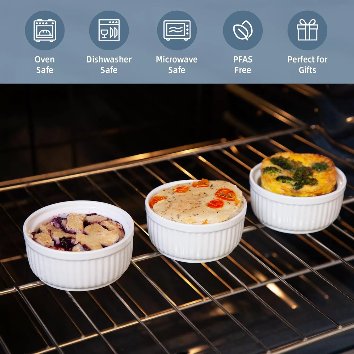 imageNuwave Ceramic Ramekins 8 oz Set of 6 Elegant Classic Style for Baking Souffles Creme Brules Custards Puddings 43 Wide ampamp 2 Tall Microwave Oven ampamp DishwasherSafe Ivory White 66pc Ceramic Ramekins with Lids