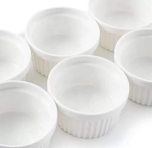 imageNuwave Ceramic Ramekins 8 oz Set of 6 Elegant Classic Style for Baking Souffles Creme Brules Custards Puddings 43 Wide ampamp 2 Tall Microwave Oven ampamp DishwasherSafe Ivory White 66pc Ceramic Ramekins