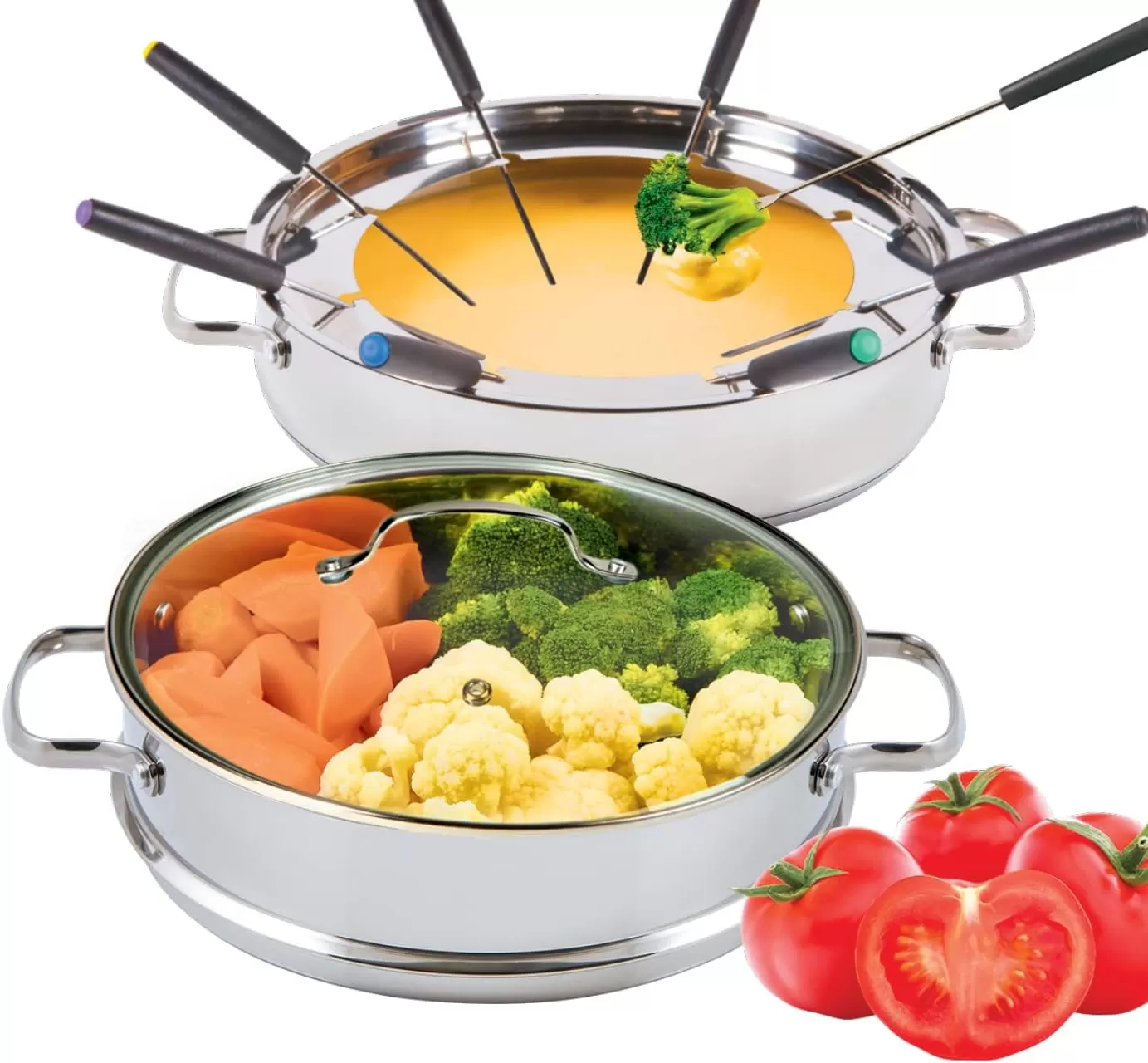 imageNuwave Design188 Stainless Steel CookwareFree of PTFE PFOA PFOSFondue Pot SetWorks On All Cooktops and Induction CookerInclude PotSteamer BasketGlass Lid and 8 Fondue Forks10 Yer Wrranty 35Qt Pot Silver