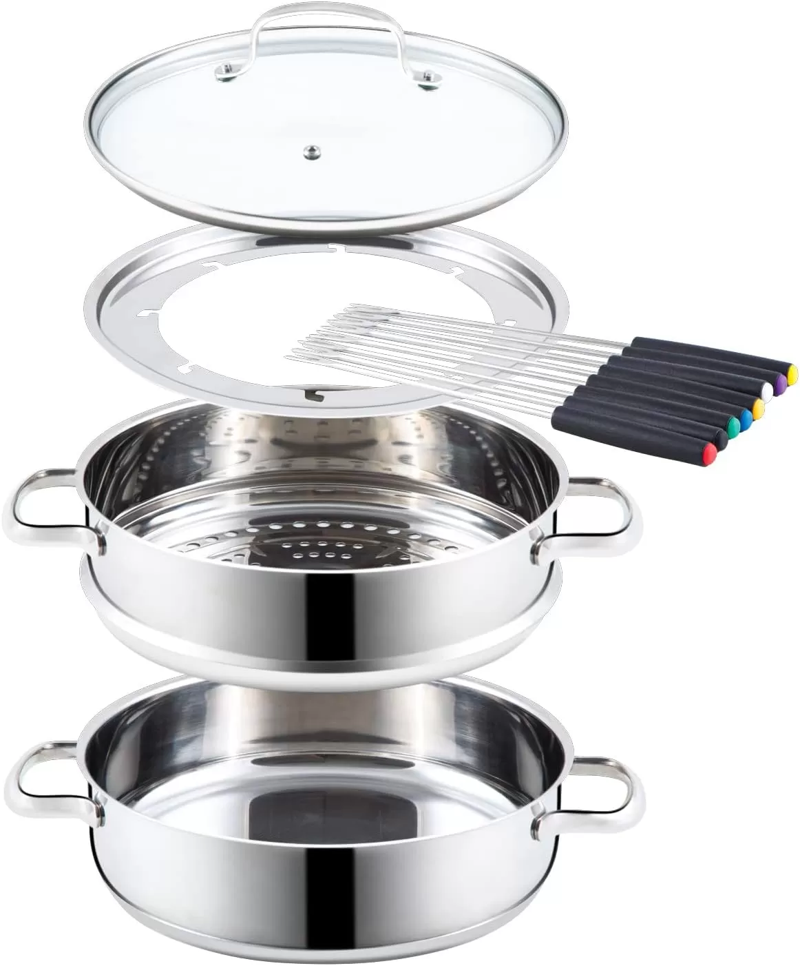 imageNuwave Design188 Stainless Steel CookwareFree of PTFE PFOA PFOSFondue Pot SetWorks On All Cooktops and Induction CookerInclude PotSteamer BasketGlass Lid and 8 Fondue Forks10 Yer Wrranty 35Qt Pot Silver