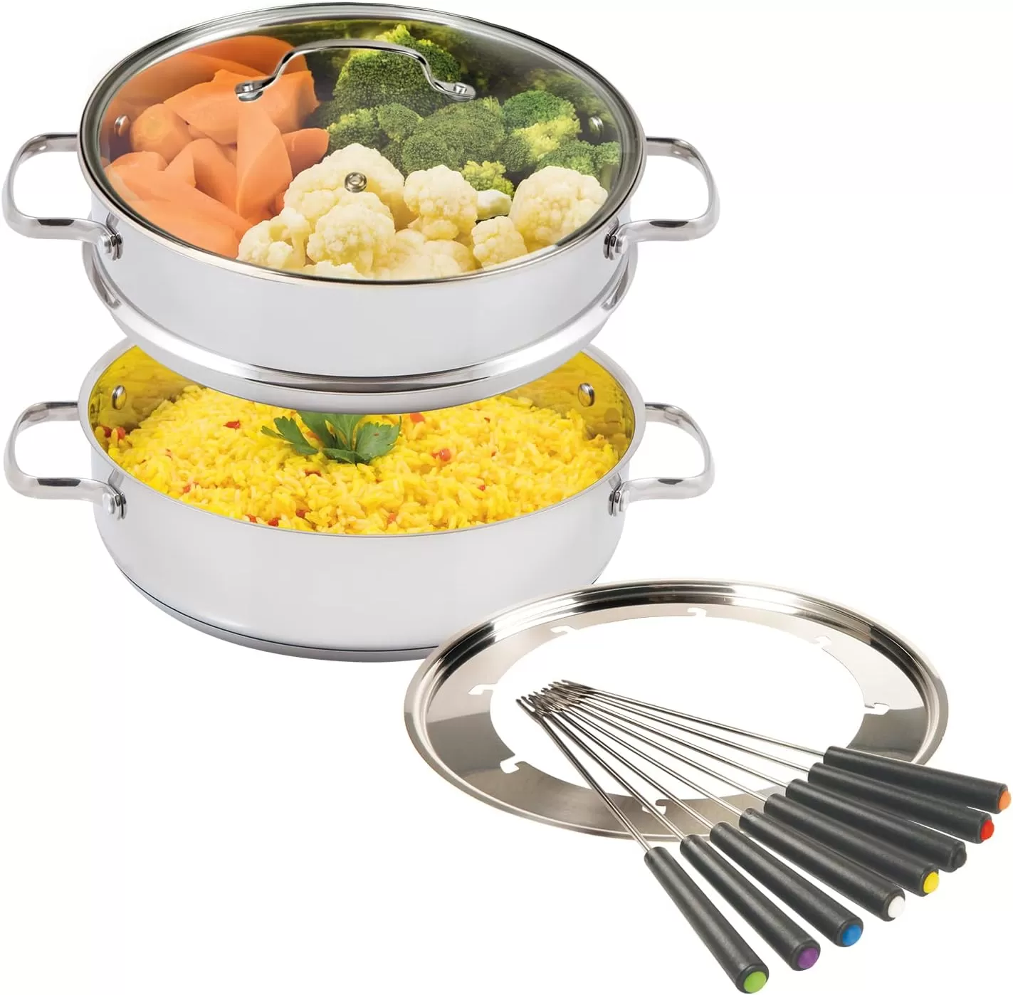 imageNuwave Design188 Stainless Steel CookwareFree of PTFE PFOA PFOSFondue Pot SetWorks On All Cooktops and Induction CookerInclude PotSteamer BasketGlass Lid and 8 Fondue Forks10 Yer Wrranty 35Qt Pot Silver