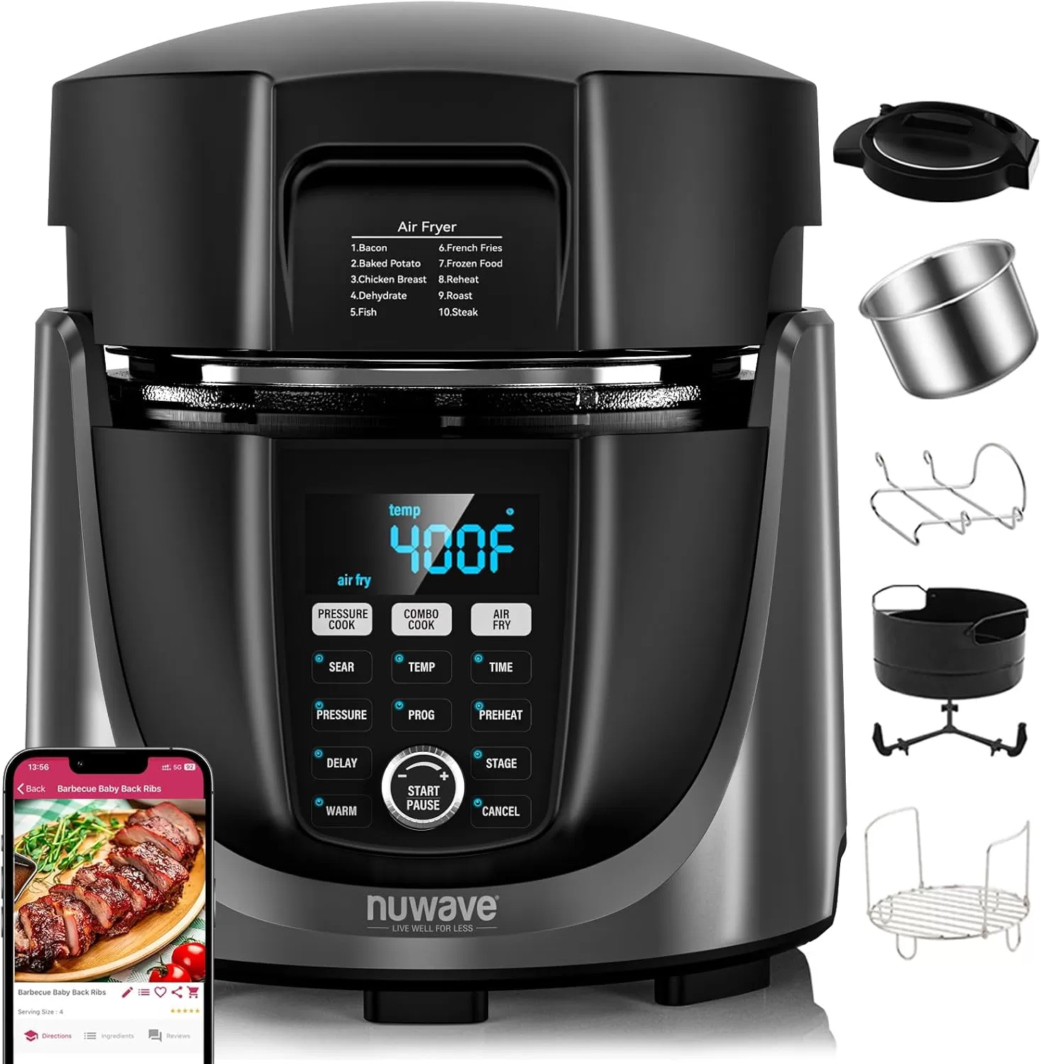 imageNuwave Duet Air Fryer and Electric Pressure Cooker Combo with 2 Switchable Lids 300 FoolProof OneTouch Presets CrispampampTender Tech 6QT Heavyduty Stainless Steel Pot 15 Safety Features