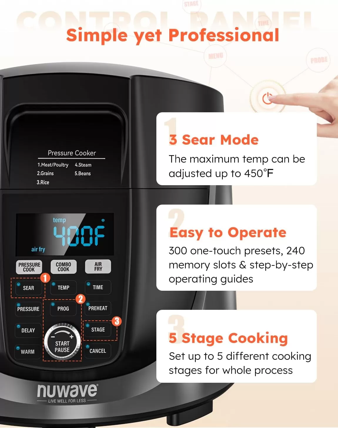 imageNuwave Duet Air Fryer and Electric Pressure Cooker Combo with 2 Switchable Lids 300 FoolProof OneTouch Presets CrispampampTender Tech 6QT Heavyduty Stainless Steel Pot 15 Safety Features