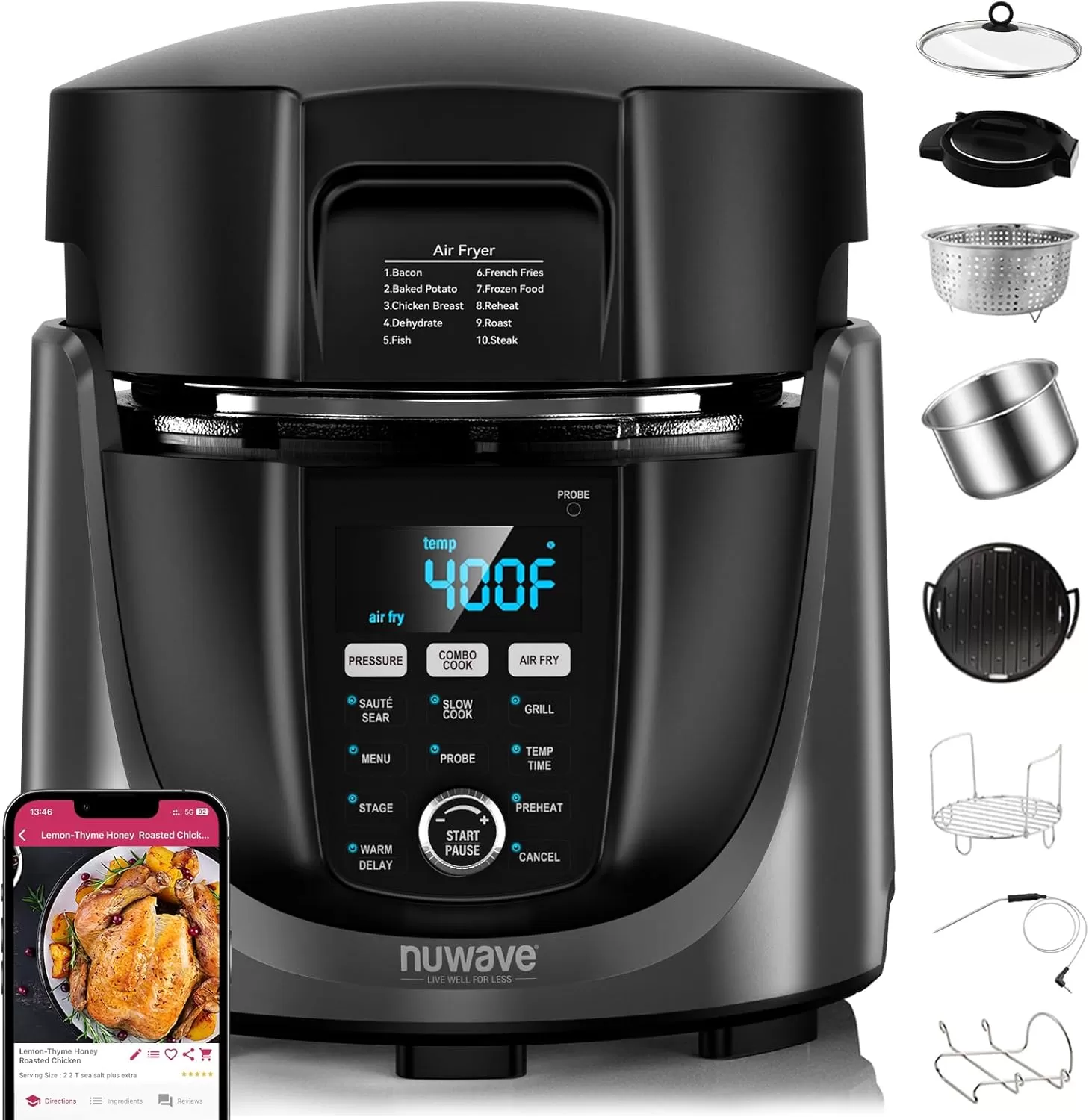 imageNuwave Duet Electric Pressure Cooker ampamp Air Fryer Combo 450 IN 1 Slow Cooker ampamp Grill with Integrated Digital Temp Probe 6qt SS Pot Adjustable HighLow Pressure Builtin SureLock Safety Tech
