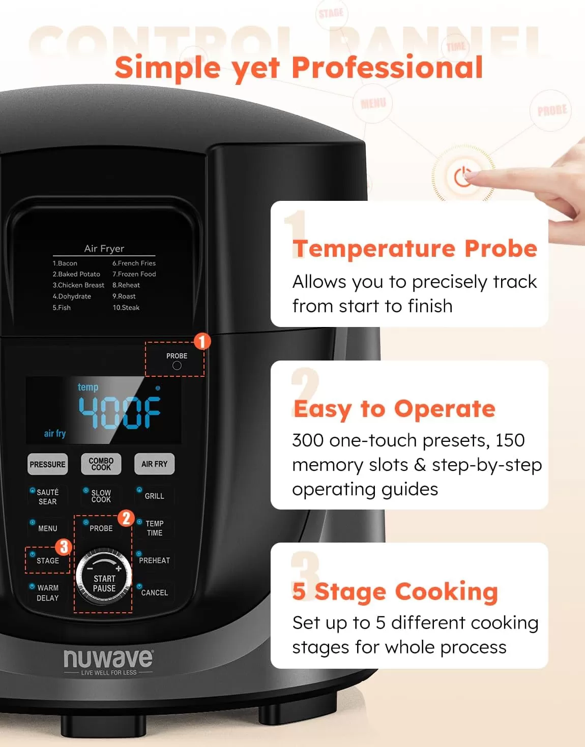 imageNuwave Duet Electric Pressure Cooker ampamp Air Fryer Combo 450 IN 1 Slow Cooker ampamp Grill with Integrated Digital Temp Probe 6qt SS Pot Adjustable HighLow Pressure Builtin SureLock Safety Tech