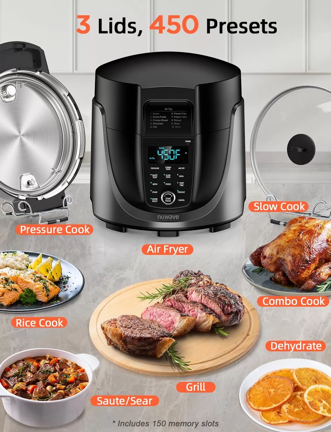 imageNuwave Duet Electric Pressure Cooker ampamp Air Fryer Combo 450 IN 1 Slow Cooker ampamp Grill with Integrated Digital Temp Probe 6qt SS Pot Adjustable HighLow Pressure Builtin SureLock Safety Tech