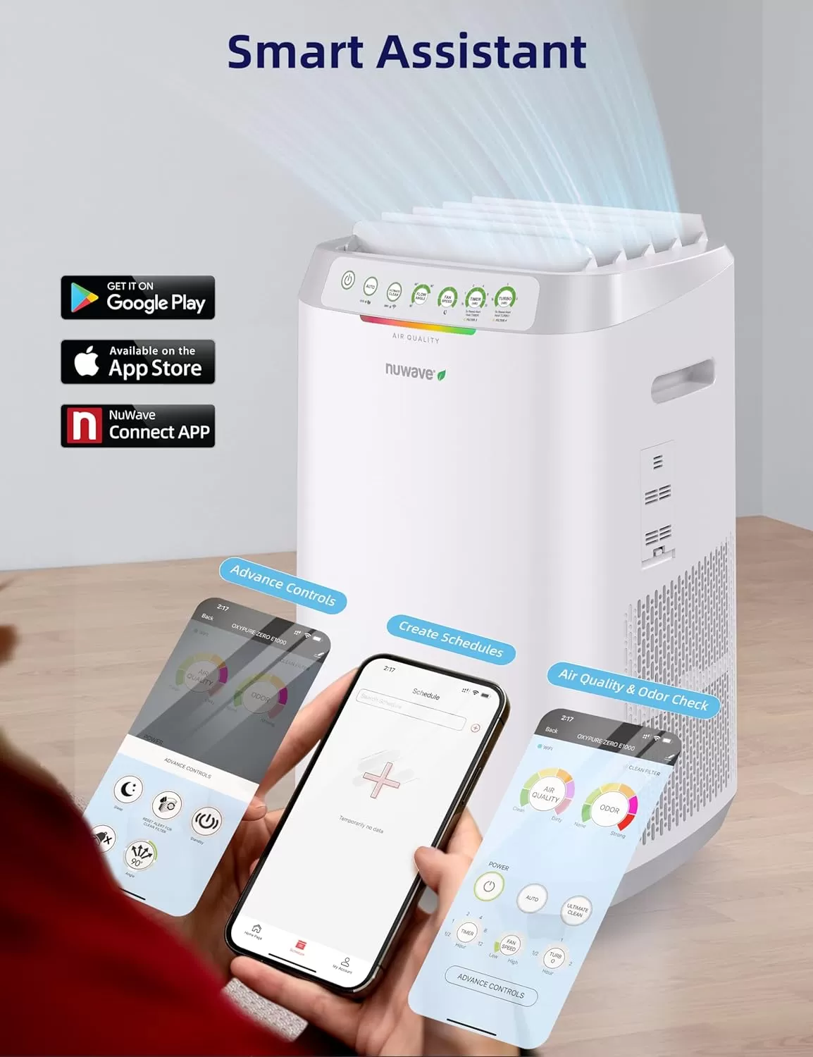 imageNuwave OxyPure ZERO Air Purifiers with 20 Yr Washable and Reusable Bio Guard Tech Air Filter Large Room Up to 2002 Ft Air Quality Monitor 01 Microns 100 Capture Allergies Smoke Dust PollenE1000 Dual 4stage Filters