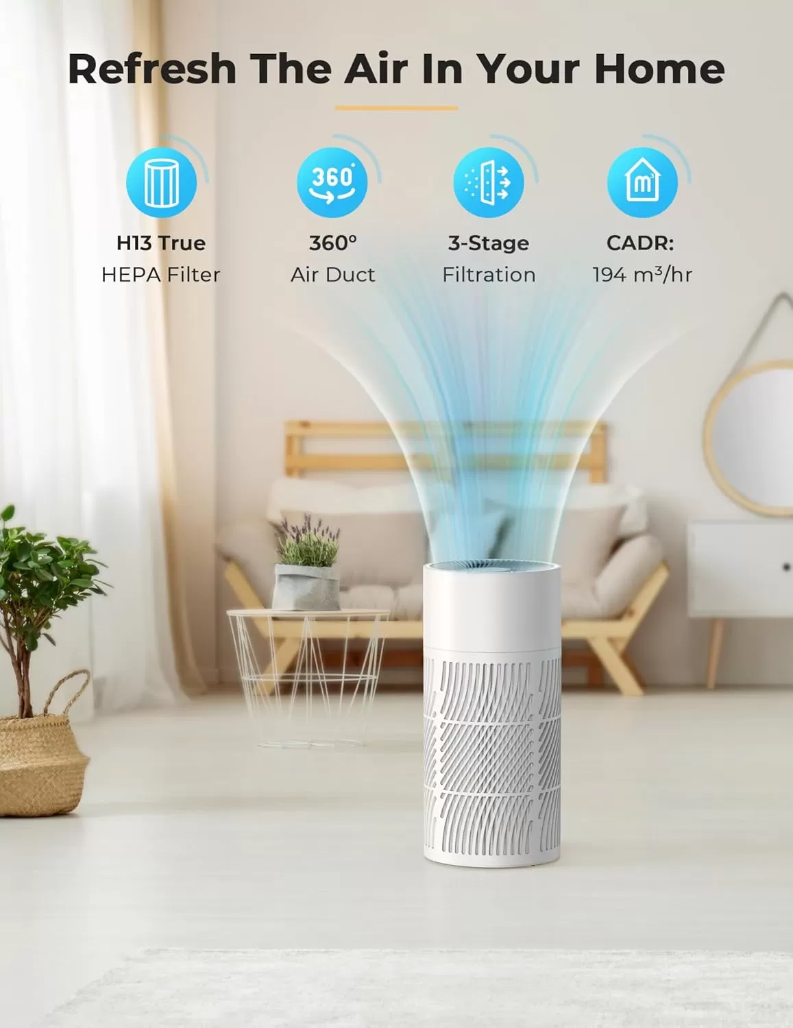 imageNuwave Oxypure Air Purifiers 3XL H13 HEPA Filter for Home Bedroom Allergies 17dB 360 Air Intake Removal to 01 Micron Smoke Dust Mold Pollen Bacteria Pet Hair Odor Air Quality Sensor Energy Star
