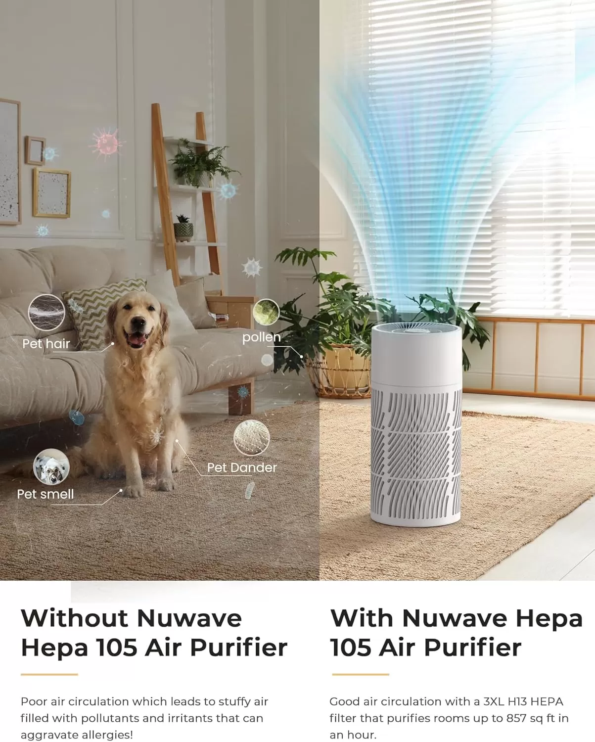 imageNuwave Oxypure Air Purifiers 3XL H13 HEPA Filter for Home Bedroom Allergies 17dB 360 Air Intake Removal to 01 Micron Smoke Dust Mold Pollen Bacteria Pet Hair Odor Air Quality Sensor Energy Star