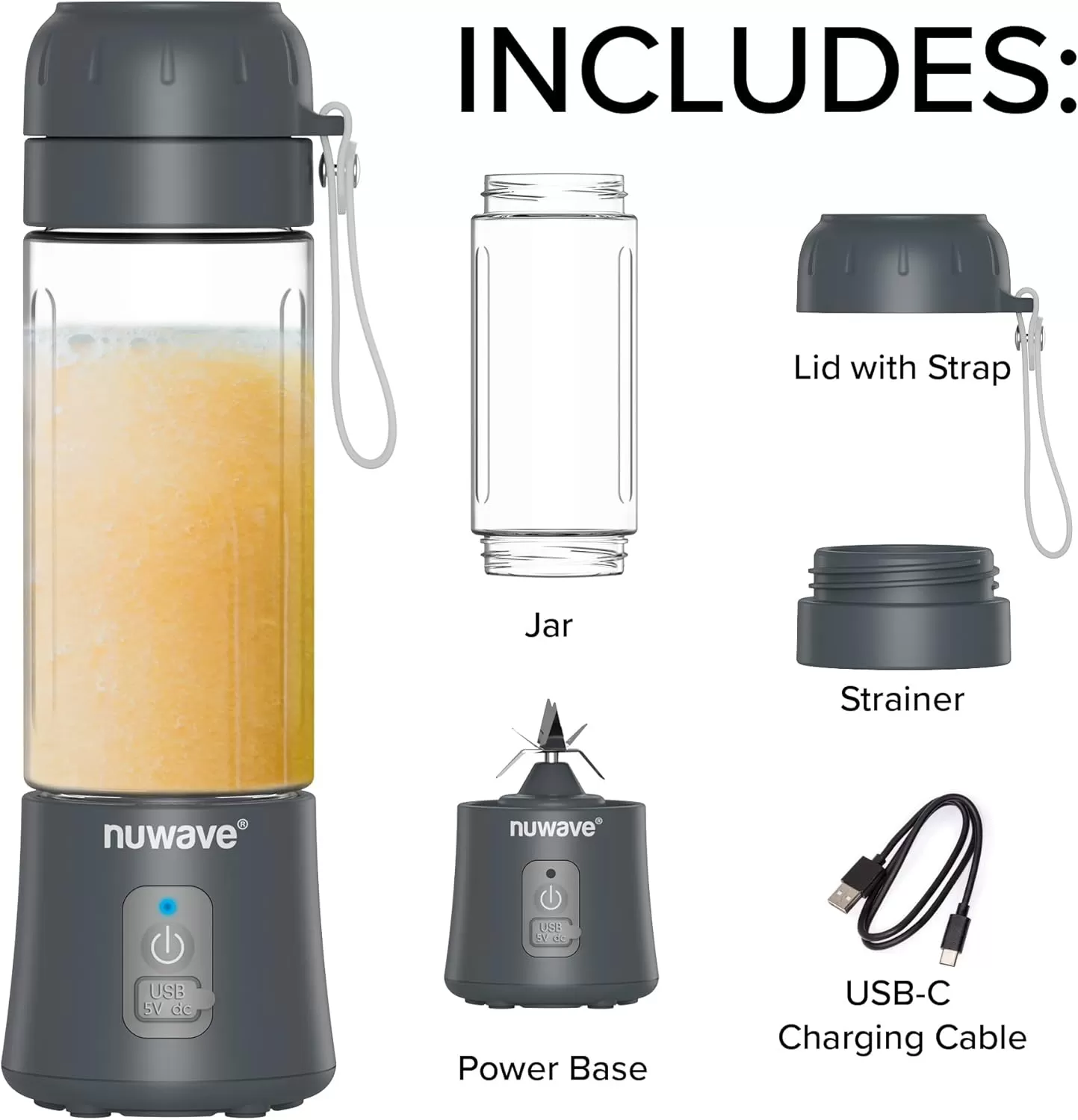 imageNuwave Portable Blender for Shakes and Smoothies OntheGO Personal Blender with USBC Rechargeable 6PieceBlade for Crushing Ice BPA Free 18 Oz Tritan Jar for Travel Office and Sports