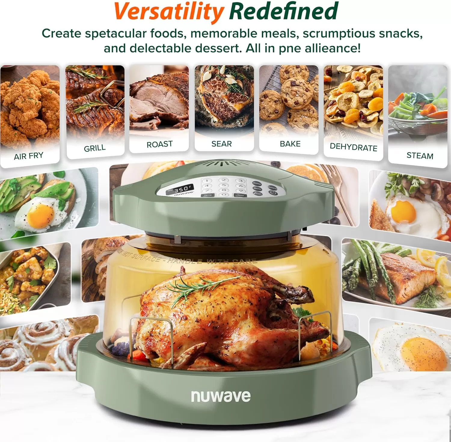 imageNuwave Pro Plus 2 InfraRed Oven Countertop Convection Cook Fresh or Frozen No Defrosting or Preheating Cook Healthy 360 Surround Heat Adjustable Temps 100 Presets 50 Memory Tough Power DomeWild Olive