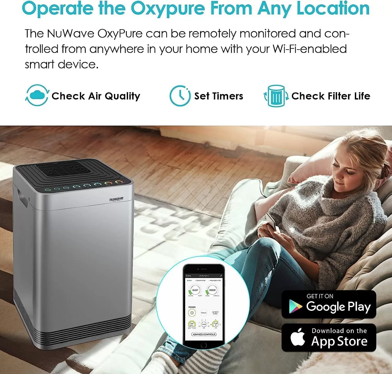 imageNuwave Whole House Air Purifiers Oxypure Smart Air Purifier with 5 Stage Tower Structure Air Filter Air Quality ampamp Odor Sensors Sleep Mode for Bedroom Remove 9999 of Dust Smoke Pollen AllergenAir Purifier with 9 HEPACarbon Combo Filters
